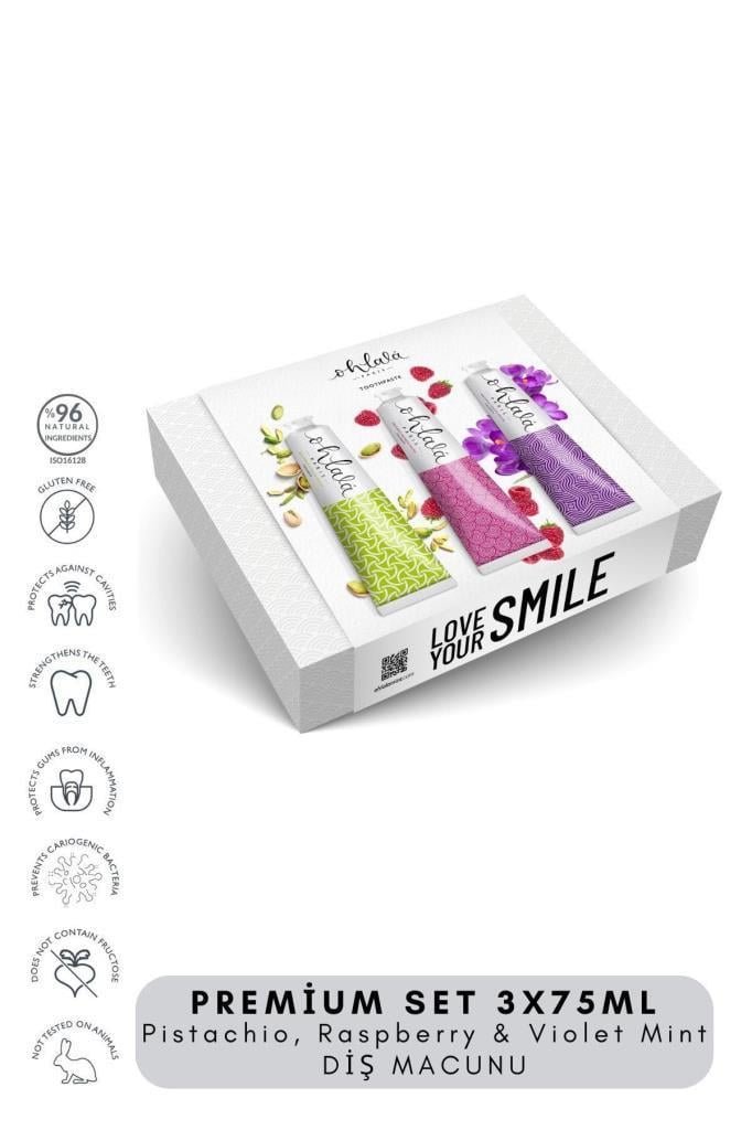 Ohlala Pistachio, Raspberry&Violet Mint Premium Set 3 x 75 ml Diş Macunu Seti