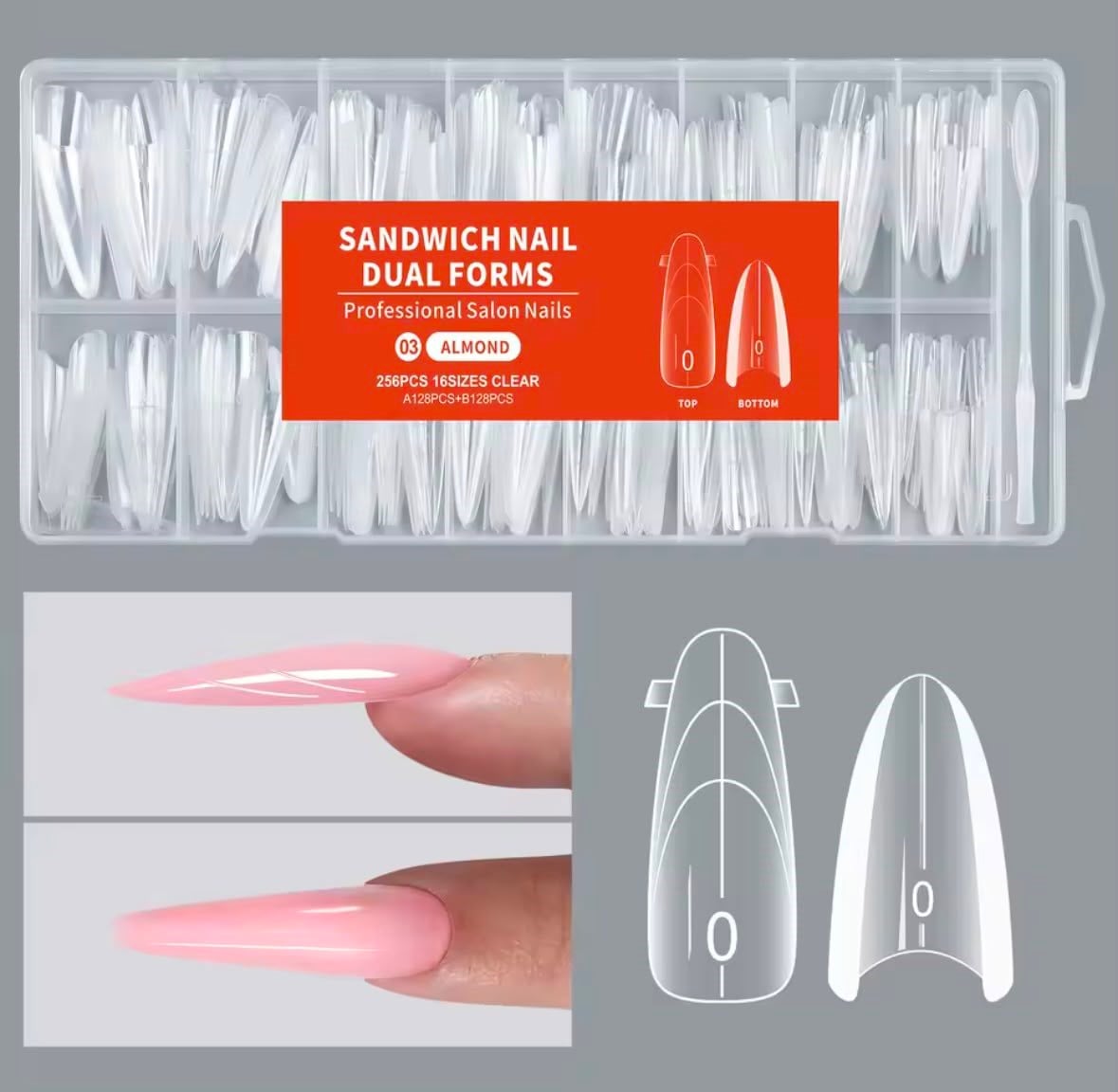 Sandwich Dual Nail Form Almond Badem Model Protez Tırnak Uzatma Kalıbı 256 Adet 16 Boy