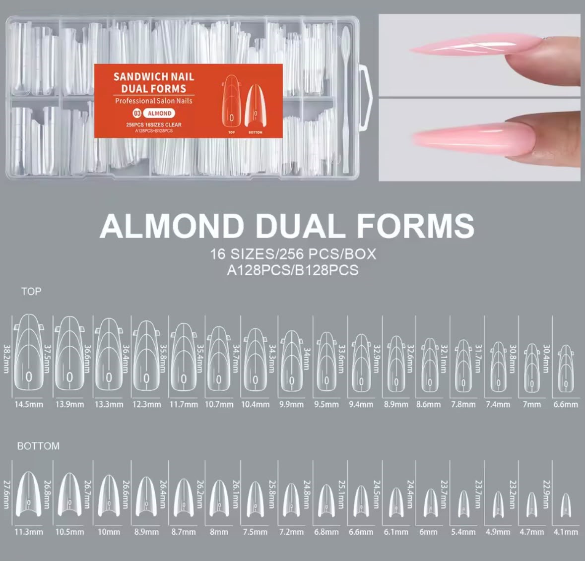 Sandwich Dual Nail Form Almond Badem Model Protez Tırnak Uzatma Kalıbı 256 Adet 16 Boy