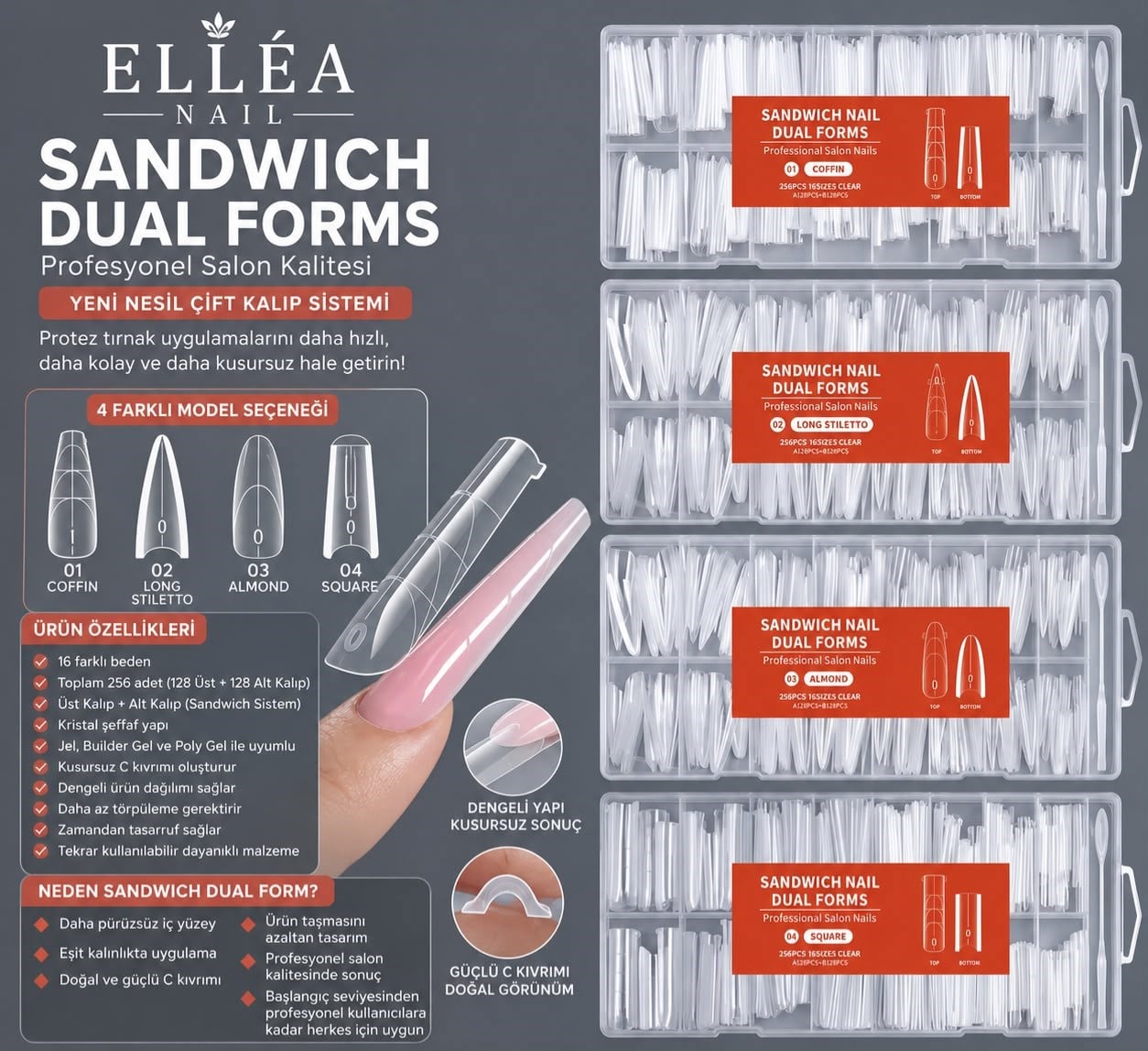 Sandwich Dual Nail Form Square Kare Model Protez Tırnak Uzatma Kalıbı 256 Adet 16 Boy