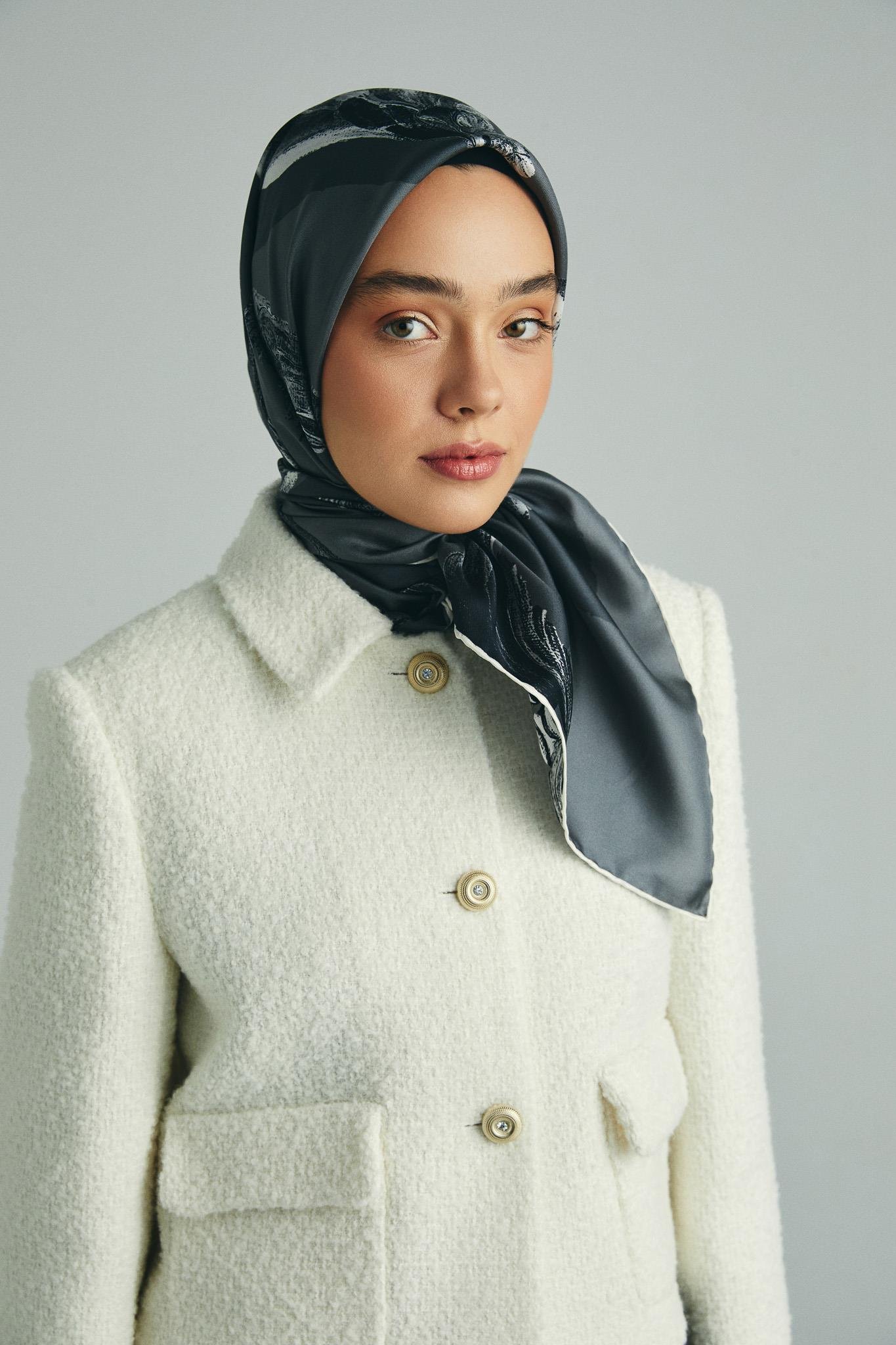 ANİ TİVİL İPEK EŞARP 90*90 CM - ANTRASİT