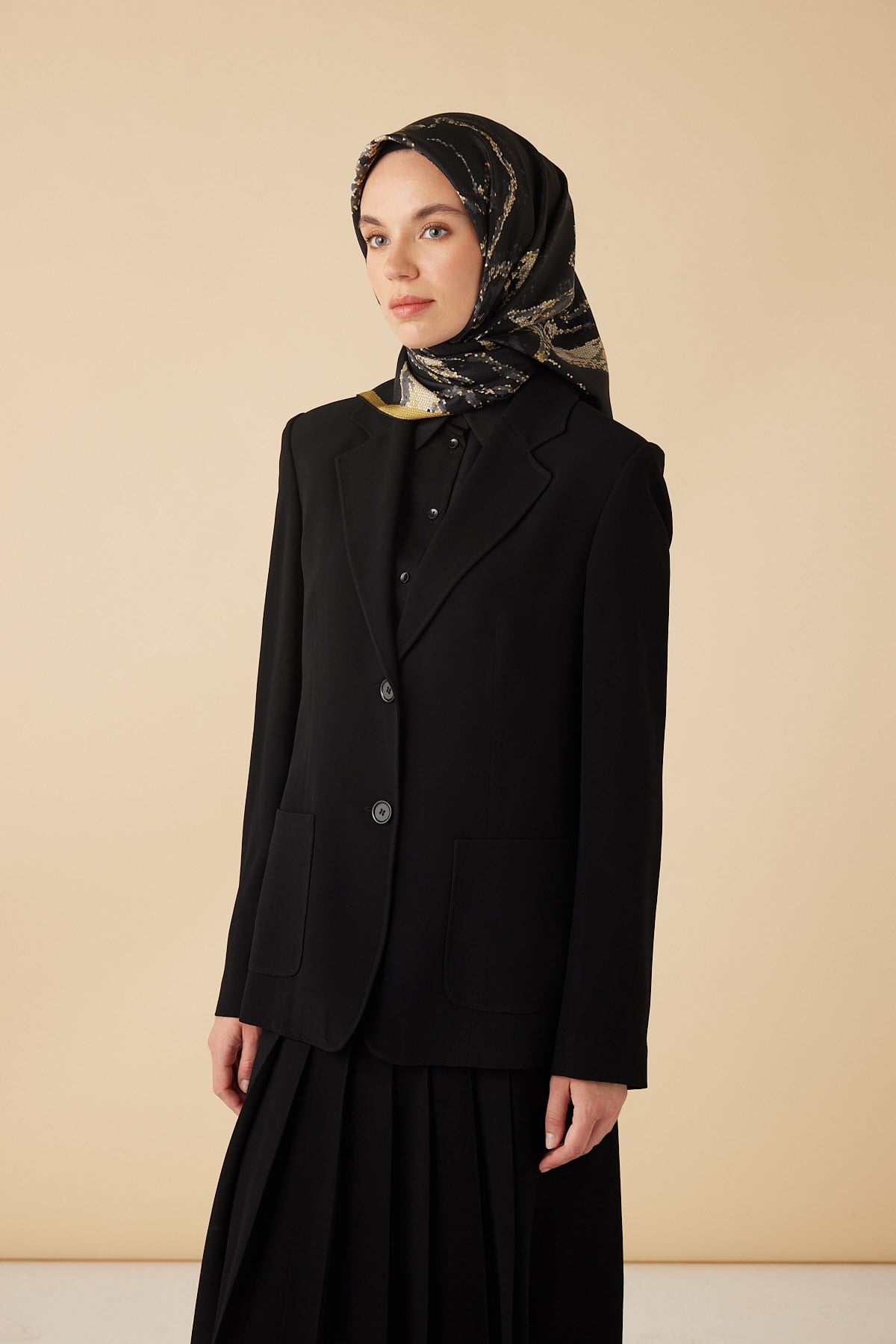 CEVLAN MULBERRY İPEK EŞARP 90*90 CM - GOLD SİYAH