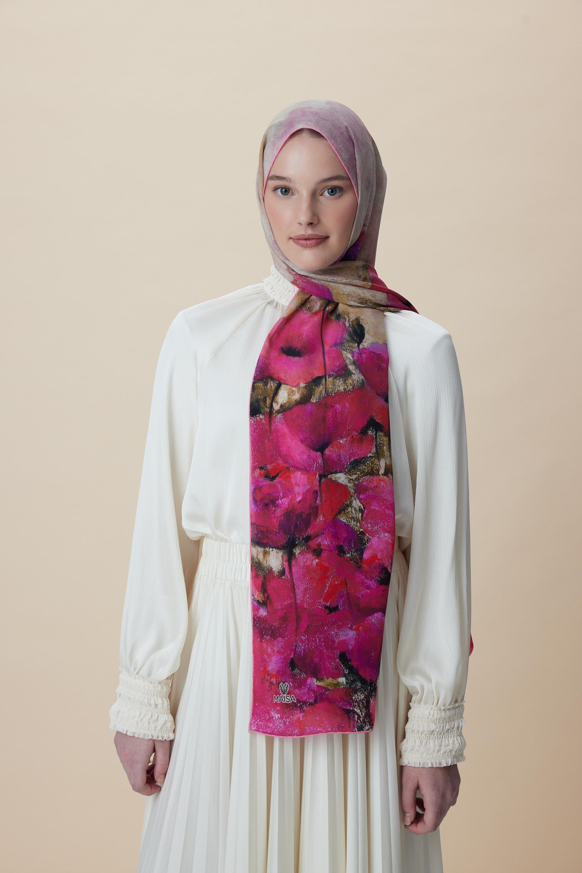 GELİNCİK KREP İPEK ŞAL 70*190 CM - FUŞYA