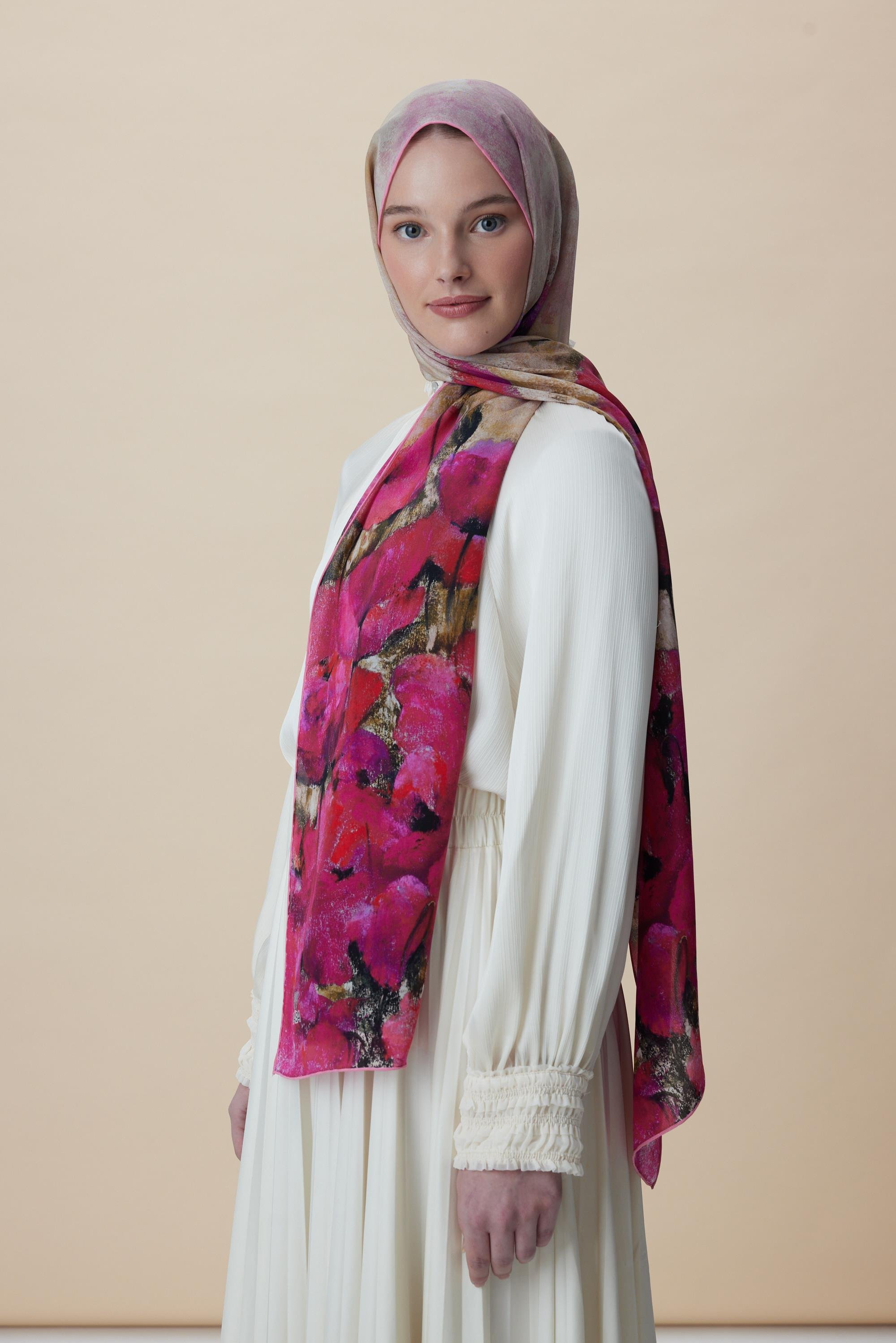 GELİNCİK KREP İPEK ŞAL 70*190 CM - FUŞYA