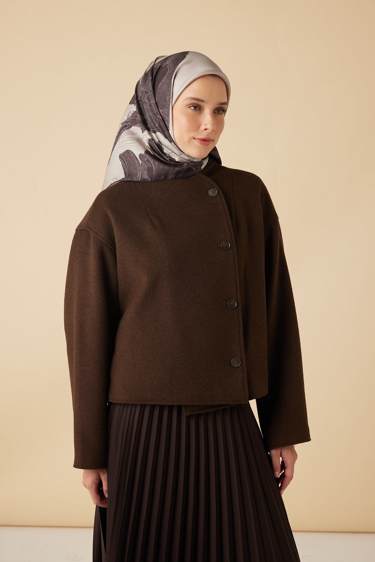 HALE TİVİL İPEK EŞARP 90*90 CM - EKRU KAHVE
