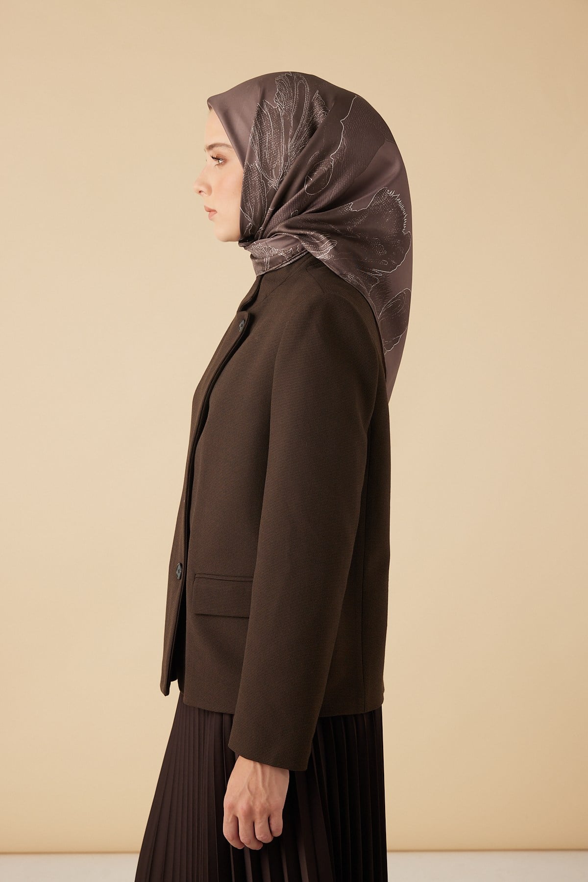 HALE TİVİL İPEK EŞARP 90*90 CM - KOYU VİZON