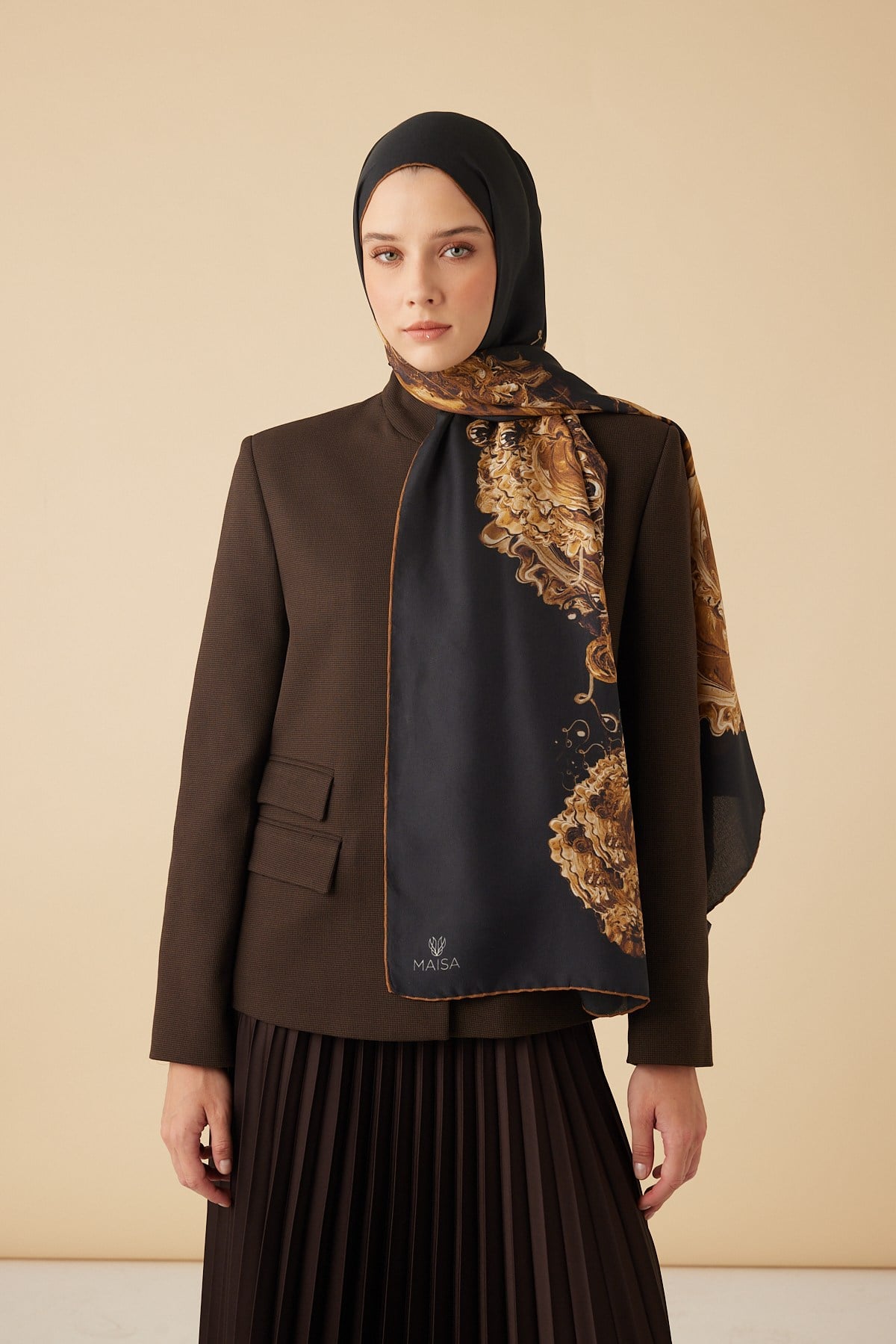 HARE PAMUK İPEK ŞAL 70*190 CM - GOLD SİYAH