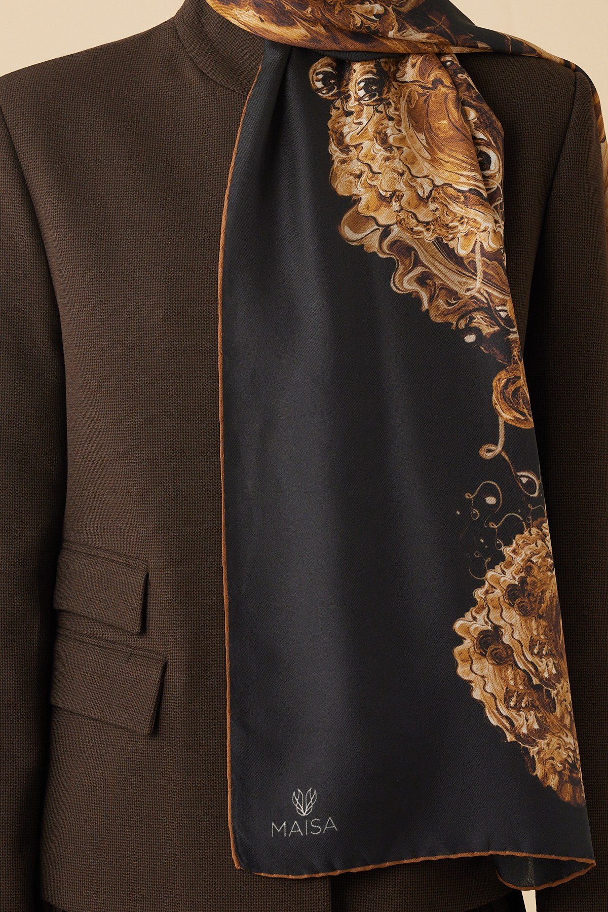 HARE PAMUK İPEK ŞAL 70*190 CM - GOLD SİYAH