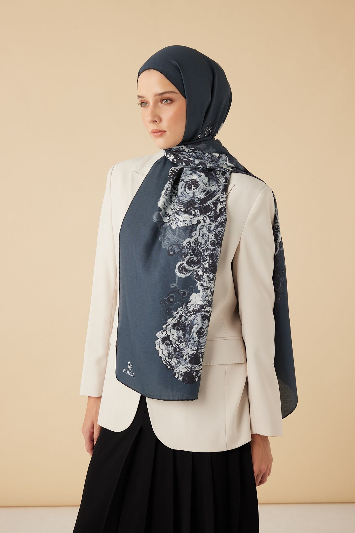 HARE PAMUK İPEK ŞAL 70*190 CM - INDIGO
