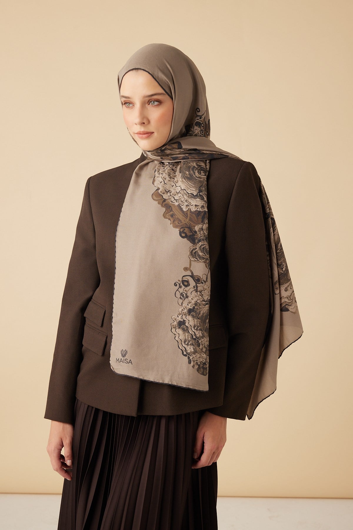 HARE PAMUK İPEK ŞAL 70*190 CM - VİZON