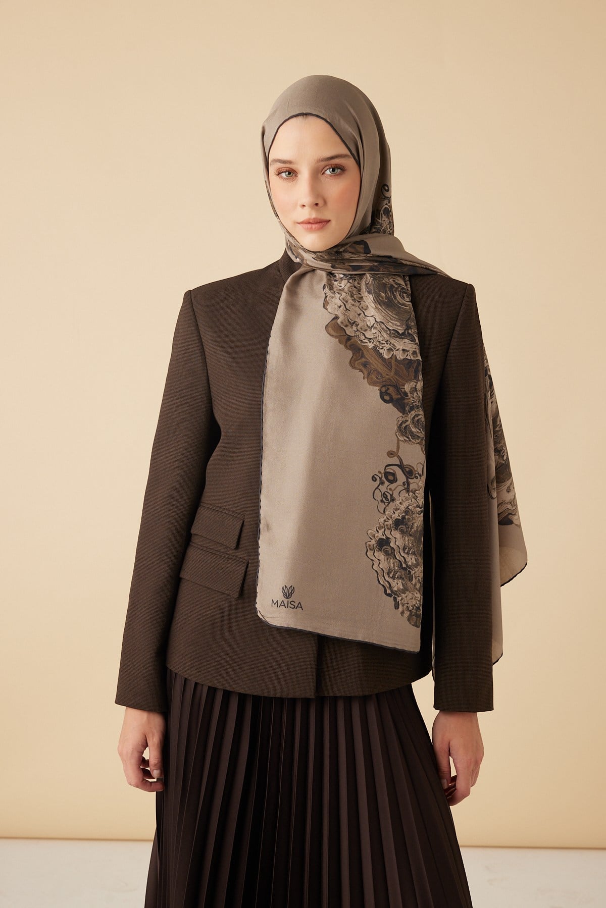 HARE PAMUK İPEK ŞAL 70*190 CM - VİZON