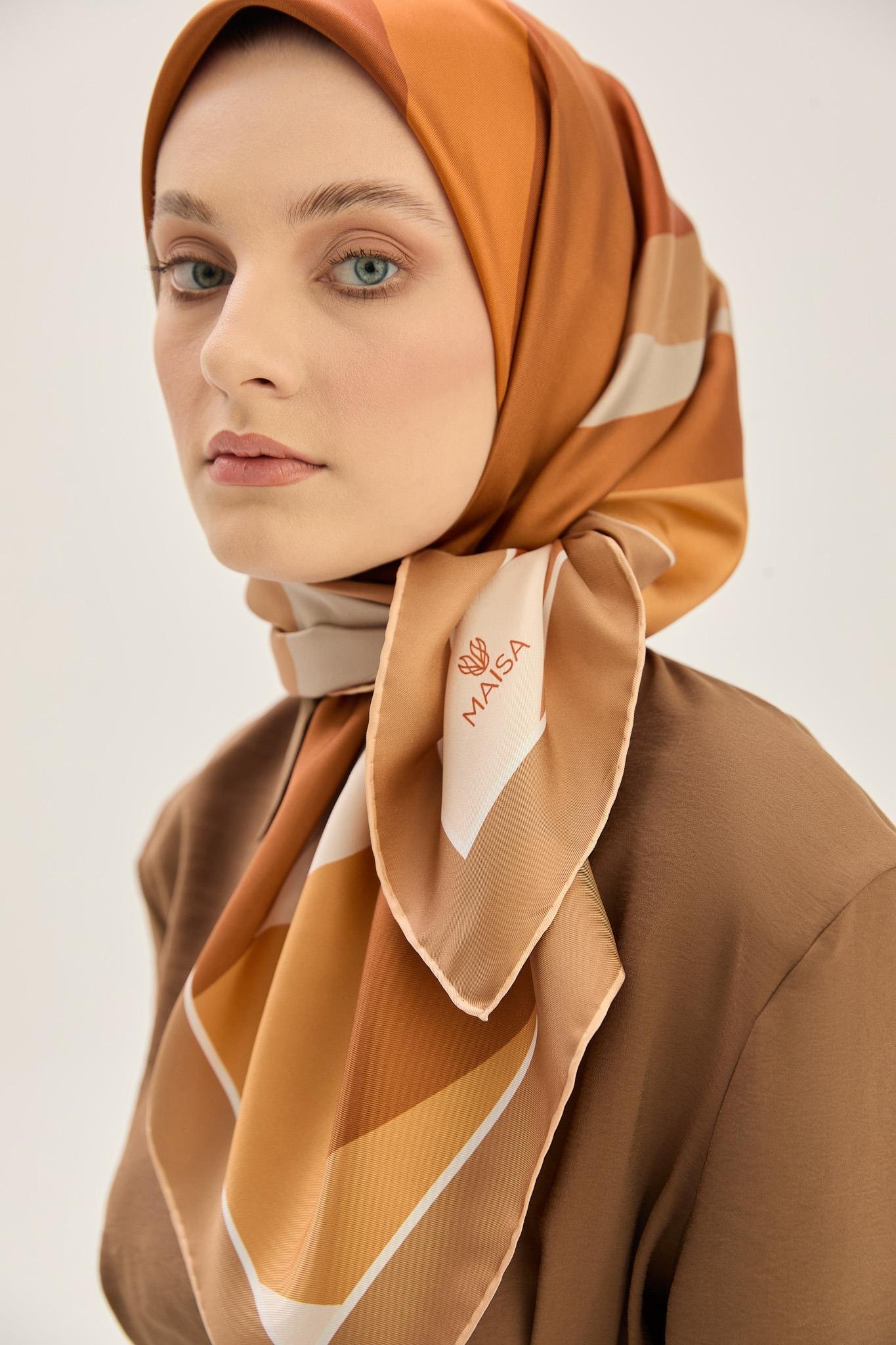 LALE TİVİL İPEK EŞARP 90*90 CM - CAMEL