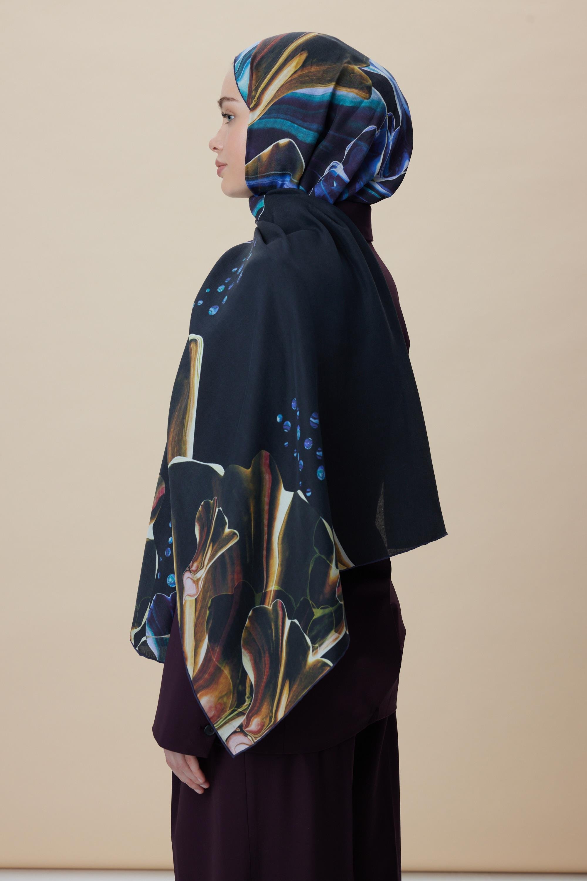 MEVCE PAMUK İPEK ŞAL 70*190 CM - GOLD LACİVERT