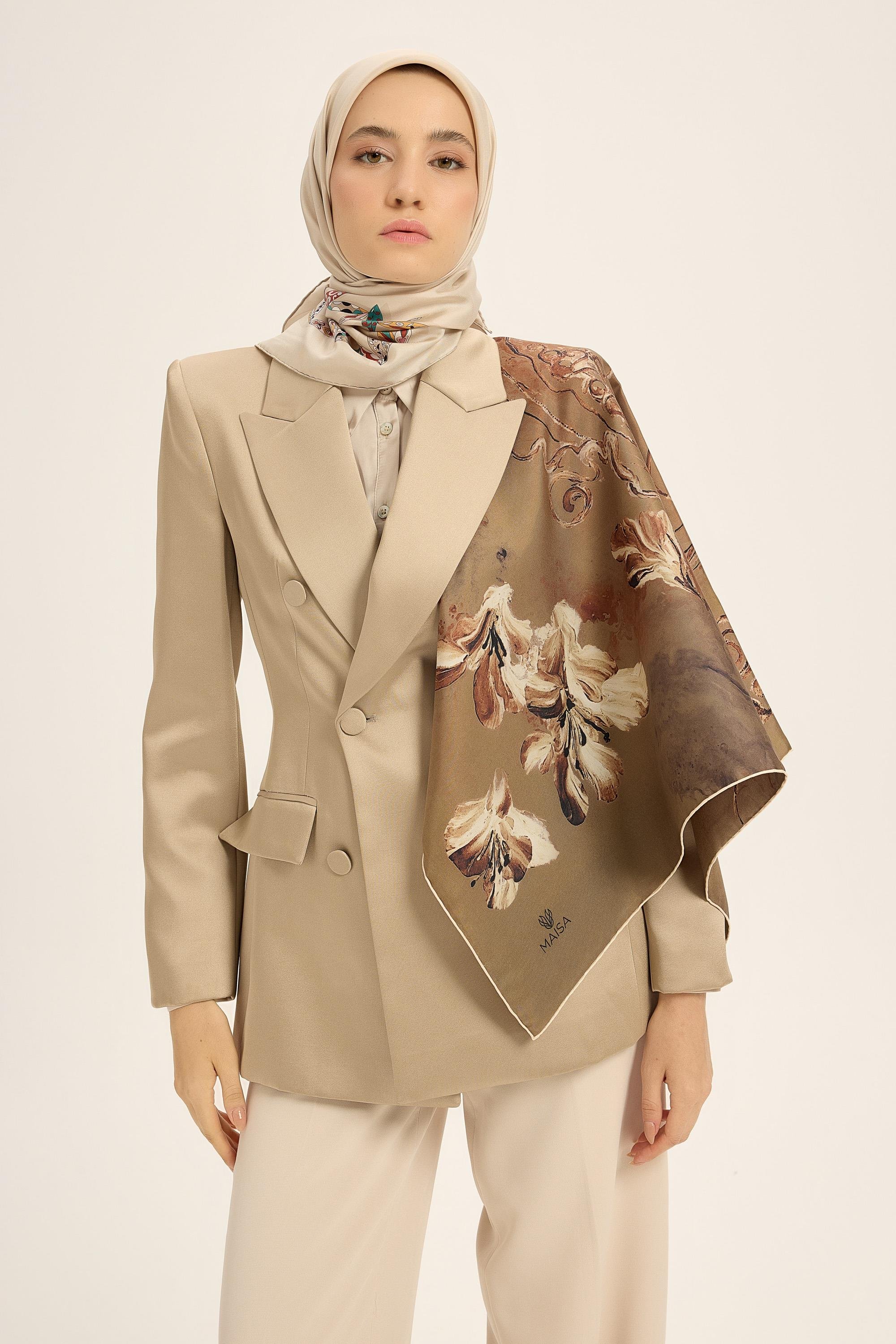 NARİN TİVİL İPEK EŞARP 90*90 CM - CAMEL