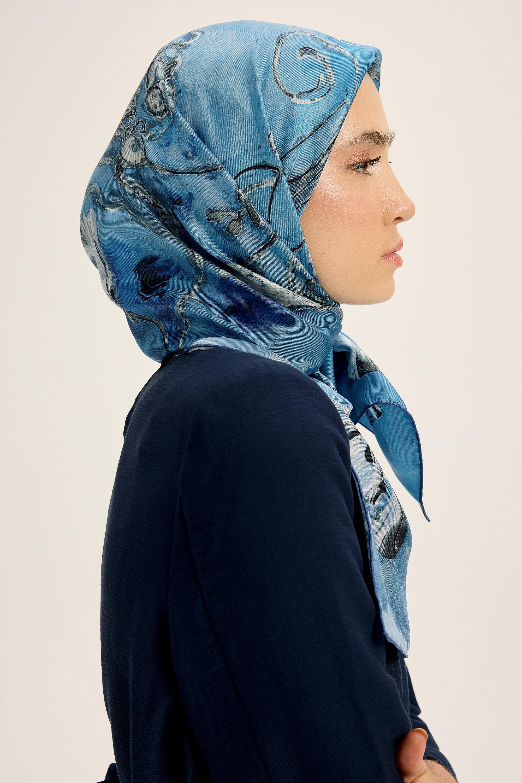 NARİN TİVİL İPEK EŞARP 90*90 CM - MAVİ