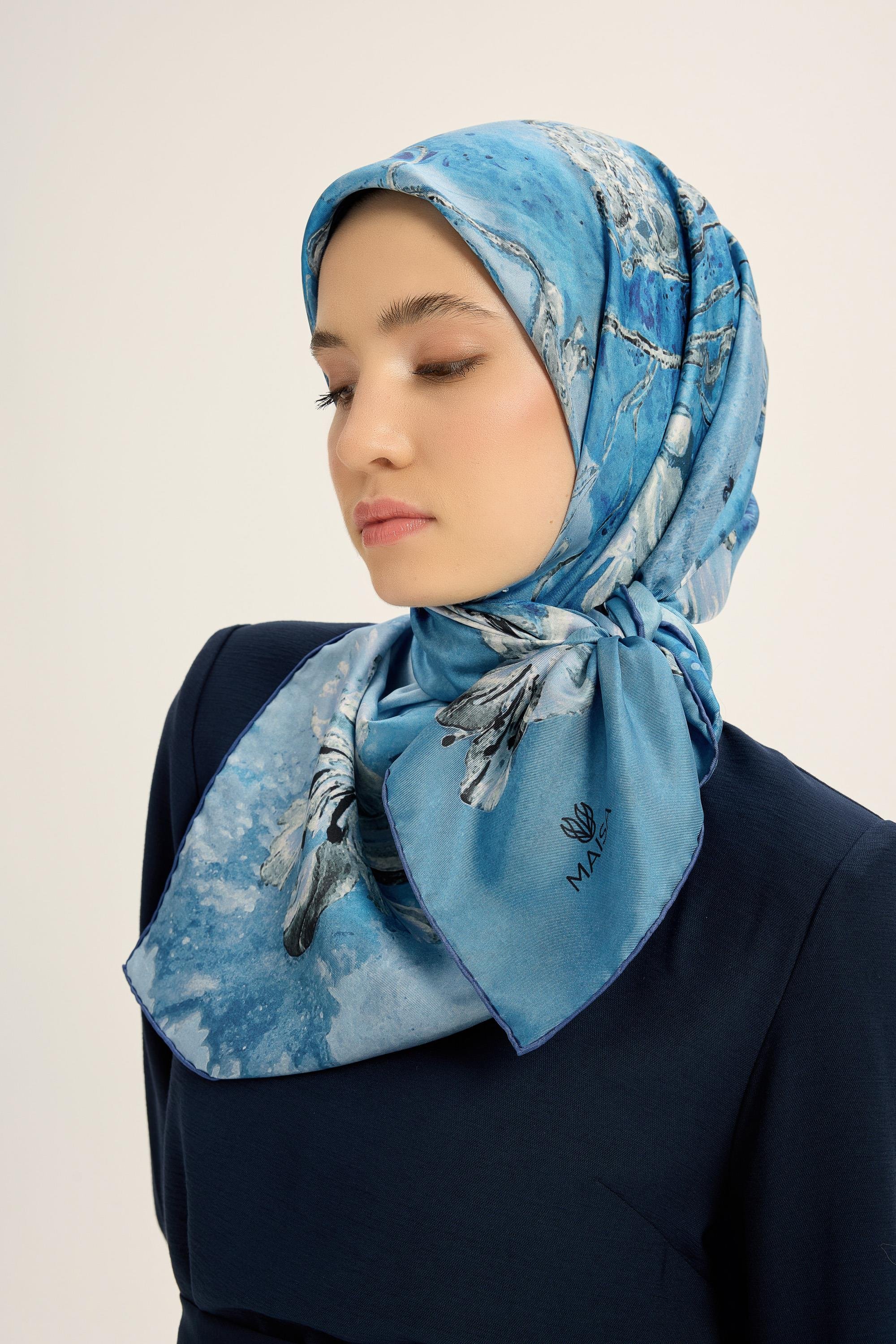 NARİN TİVİL İPEK EŞARP 90*90 CM - MAVİ