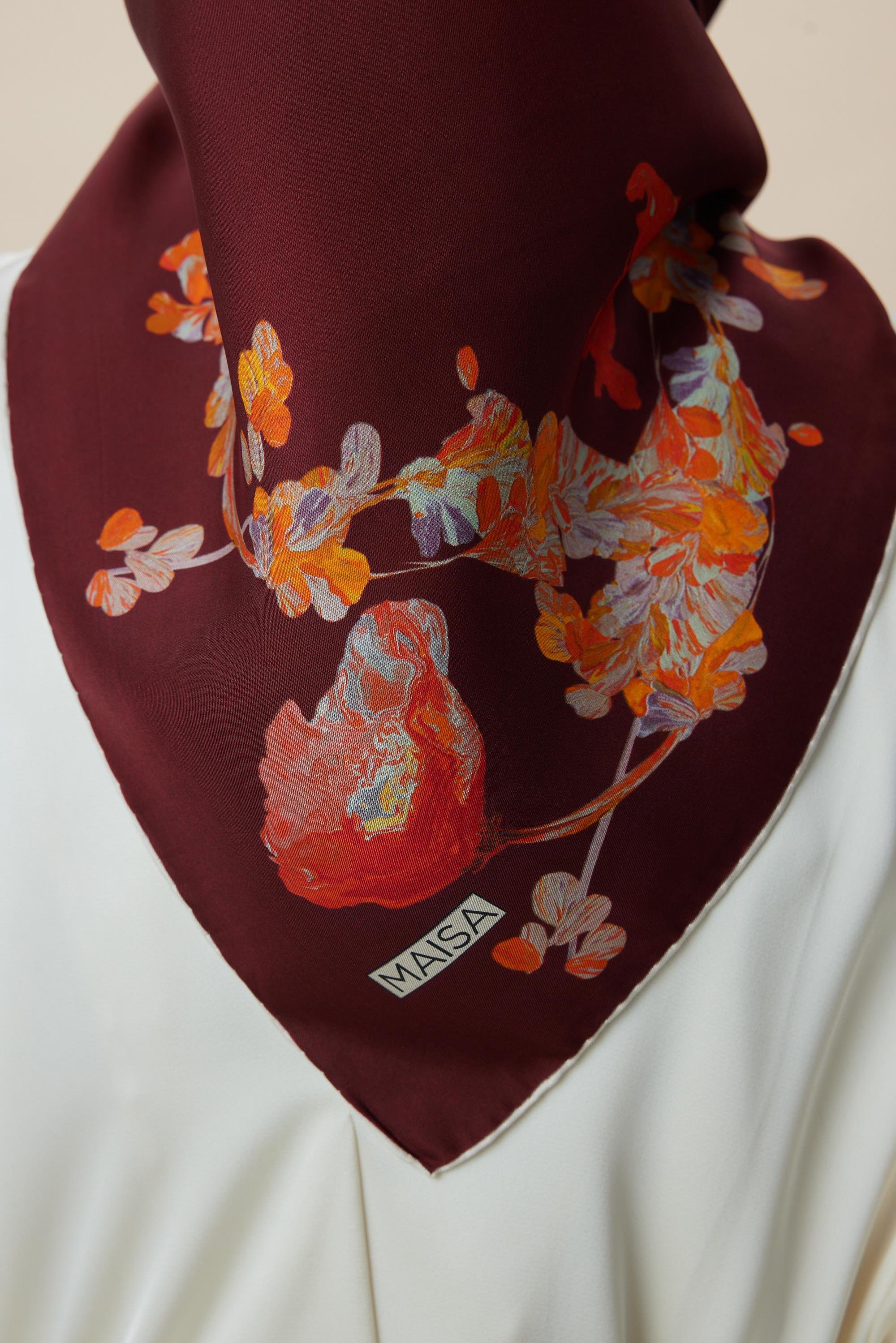NEVA ÇİFT TARAFLI TİVİL İPEK EŞARP 90*90 CM - BORDO KAHVERENGİ