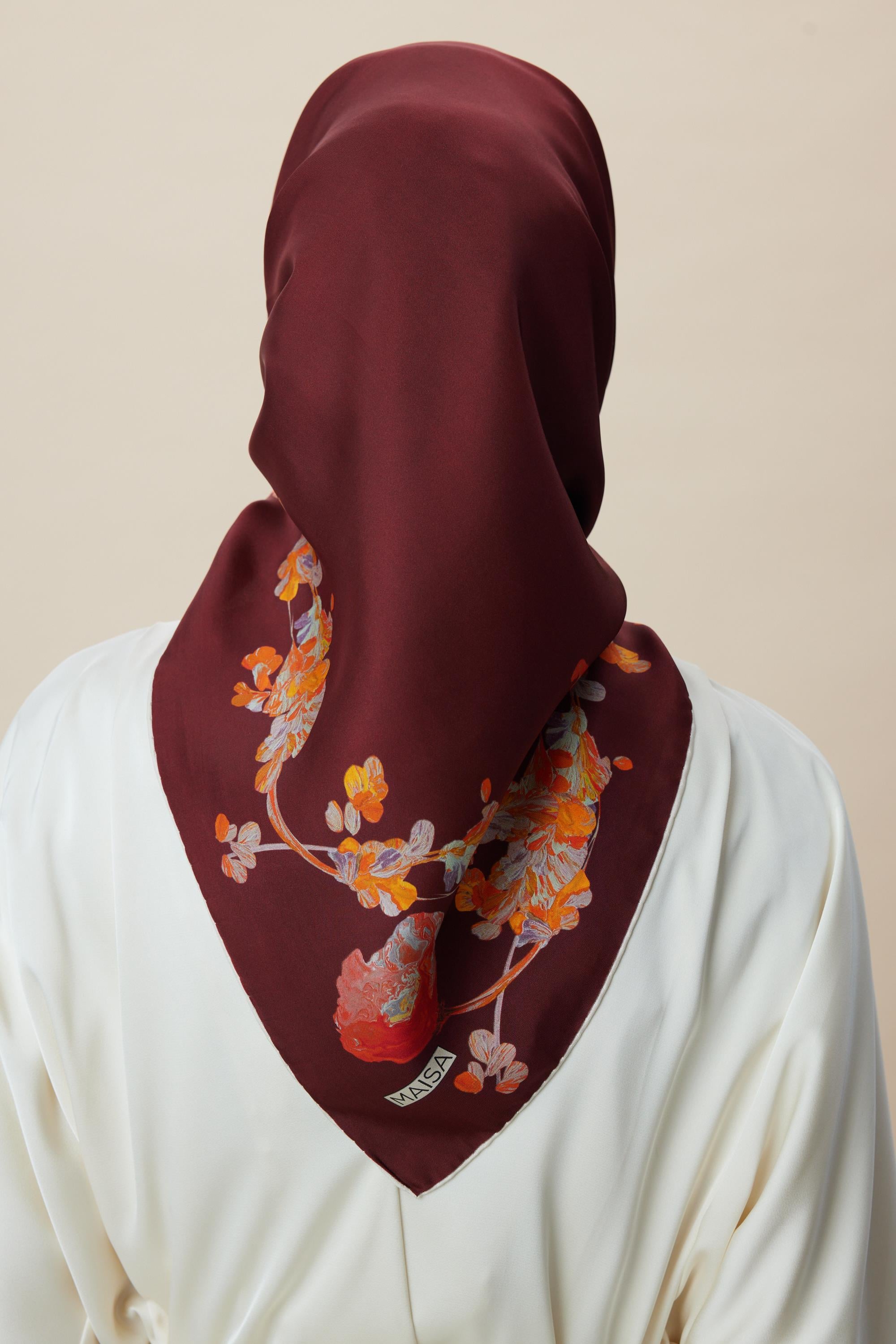 NEVA ÇİFT TARAFLI TİVİL İPEK EŞARP 90*90 CM - BORDO KAHVERENGİ