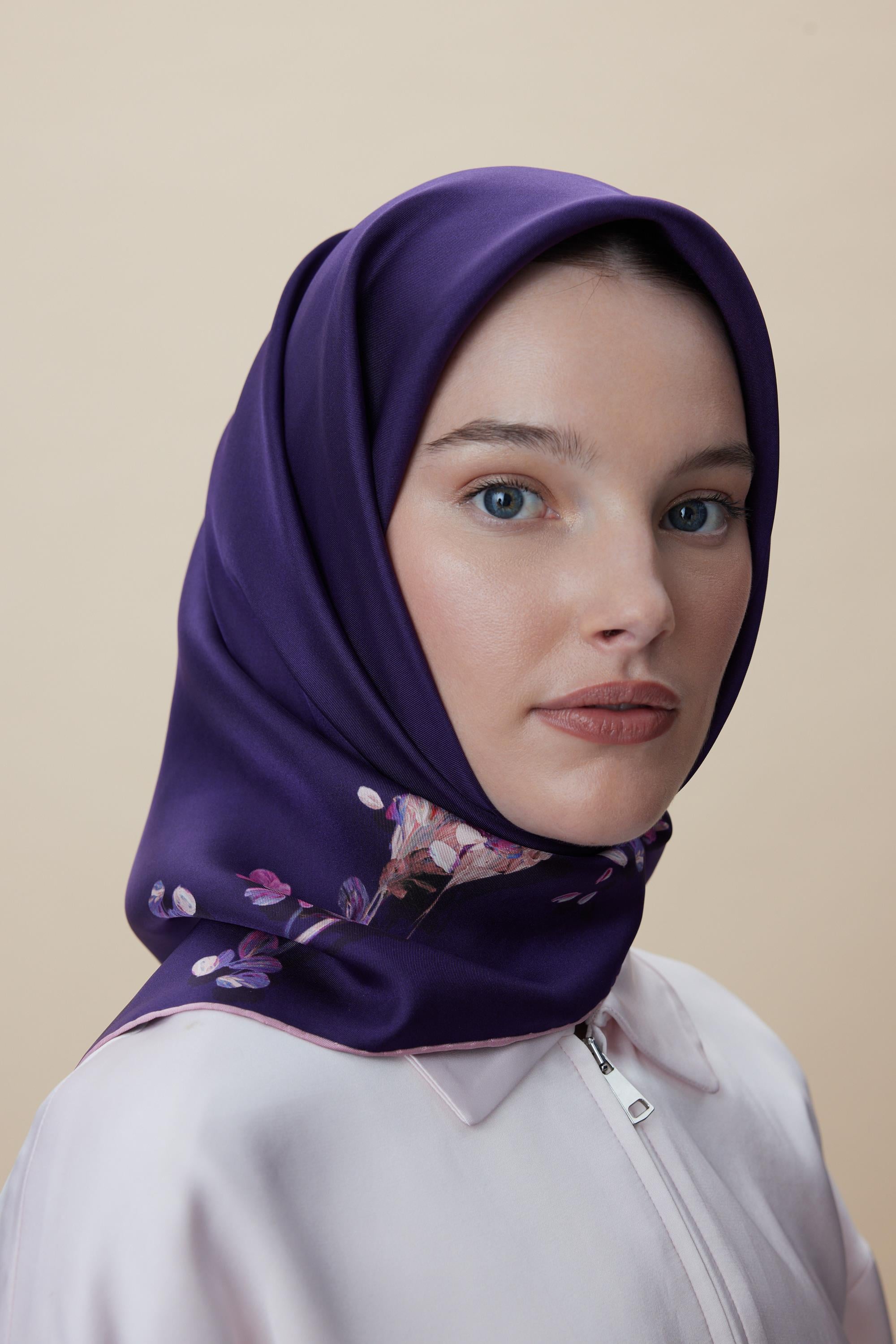NEVA ÇİFT TARAFLI TİVİL İPEK EŞARP 90*90 CM - MOR