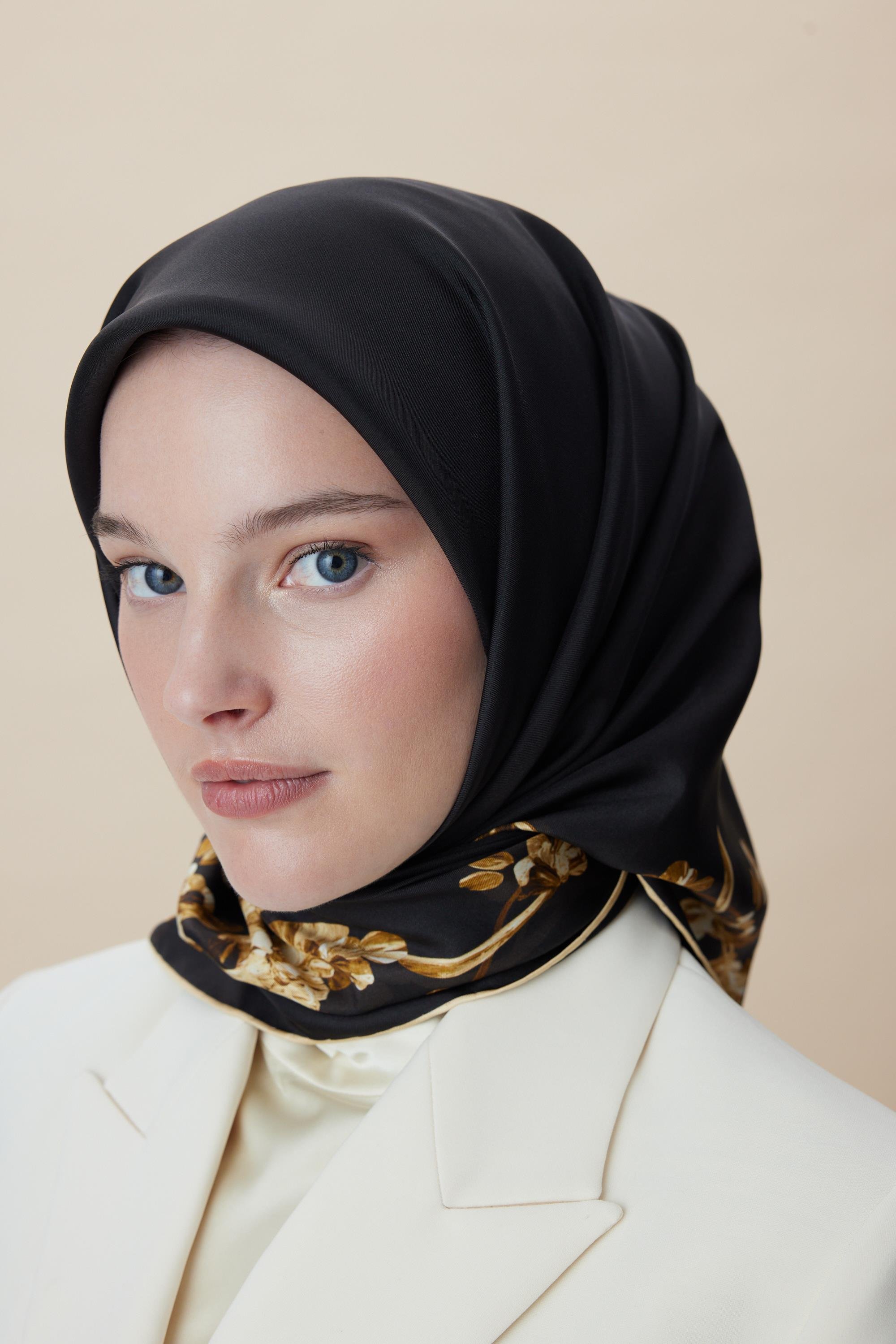 NEVA ÇİFT TARAFLI TİVİL İPEK EŞARP 90*90 CM - SİYAH