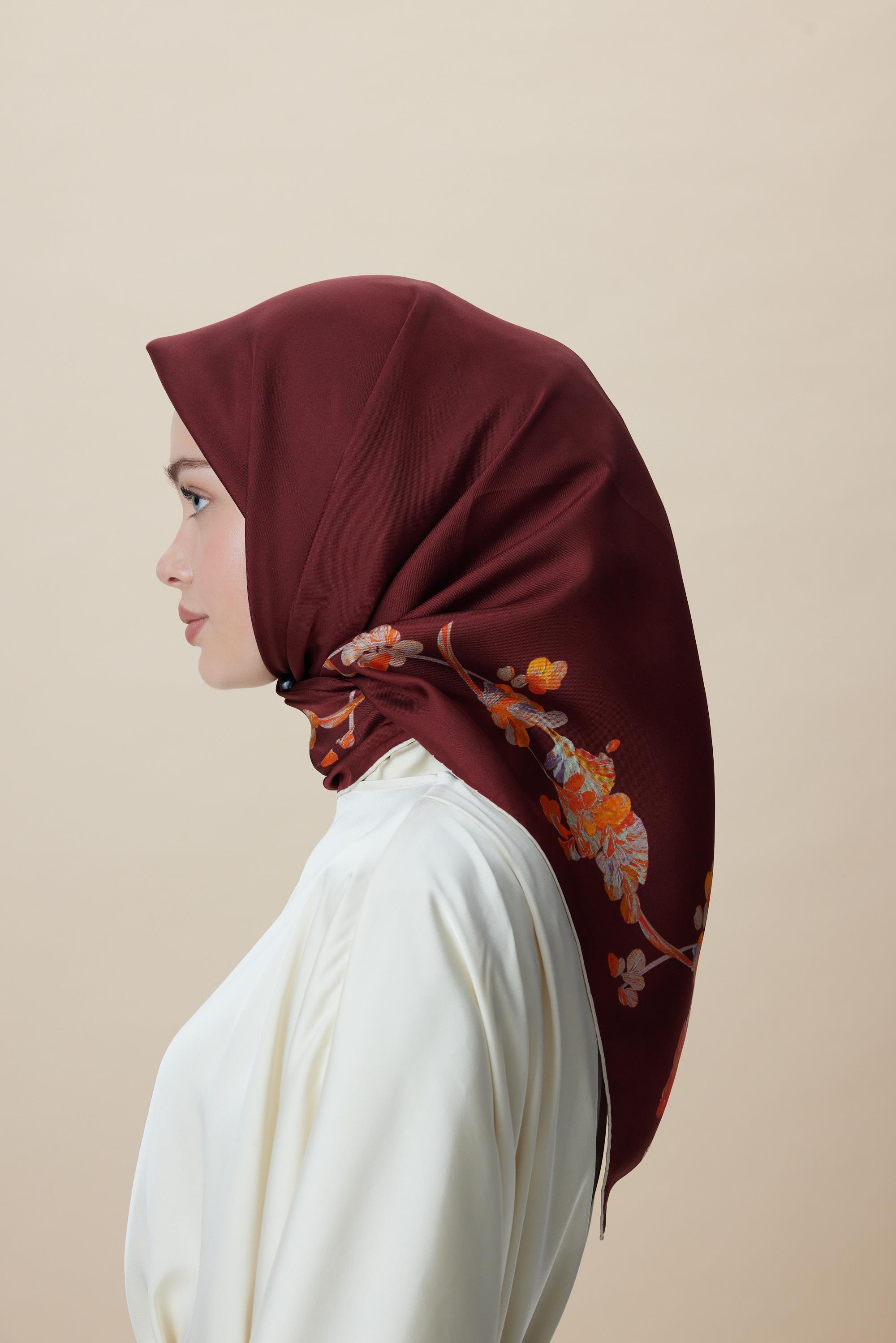 NEVA ÇİFT TARAFLI TİVİL İPEK EŞARP 90*90 CM - BORDO KAHVERENGİ
