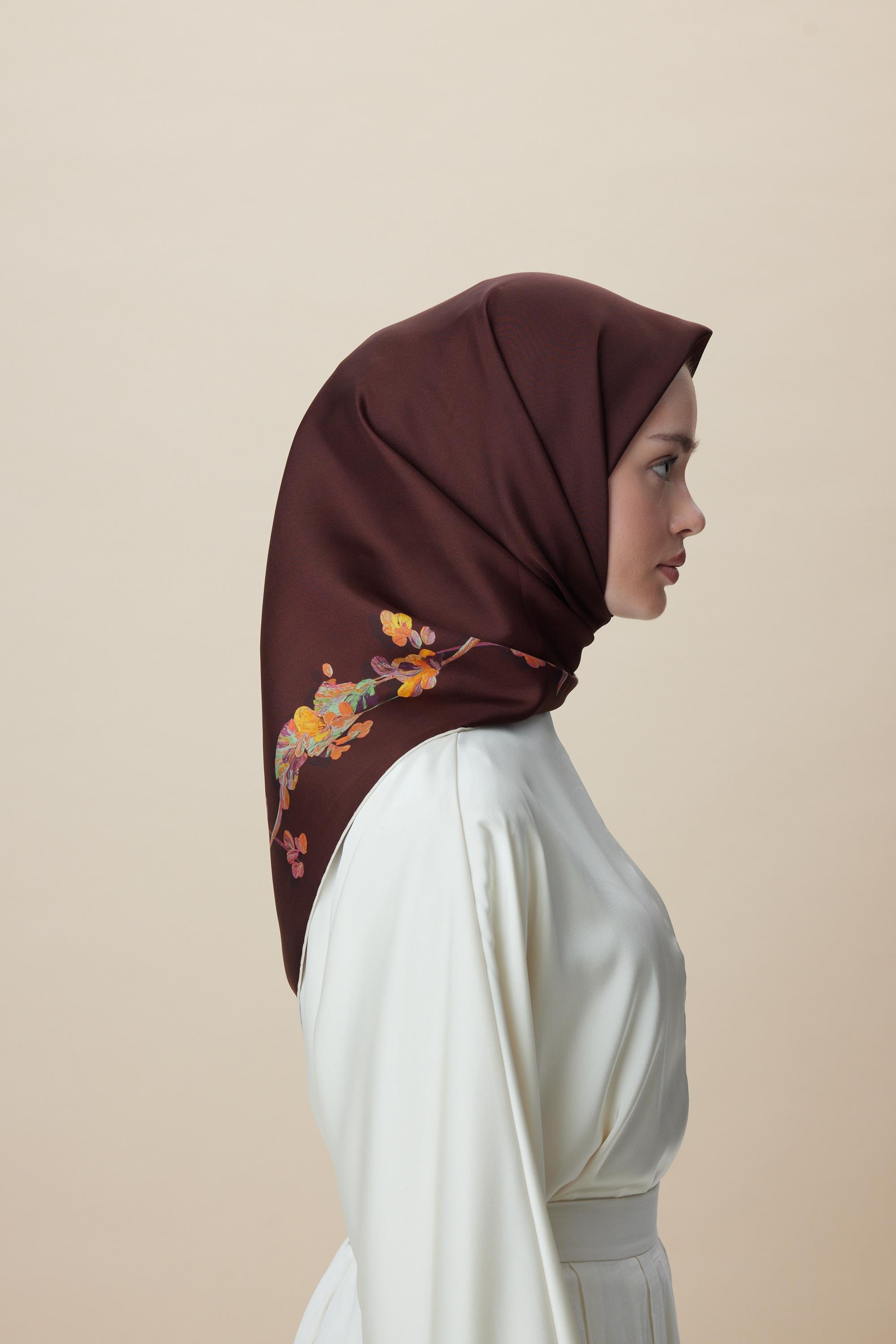 NEVA ÇİFT TARAFLI TİVİL İPEK EŞARP 90*90 CM - BORDO KAHVERENGİ