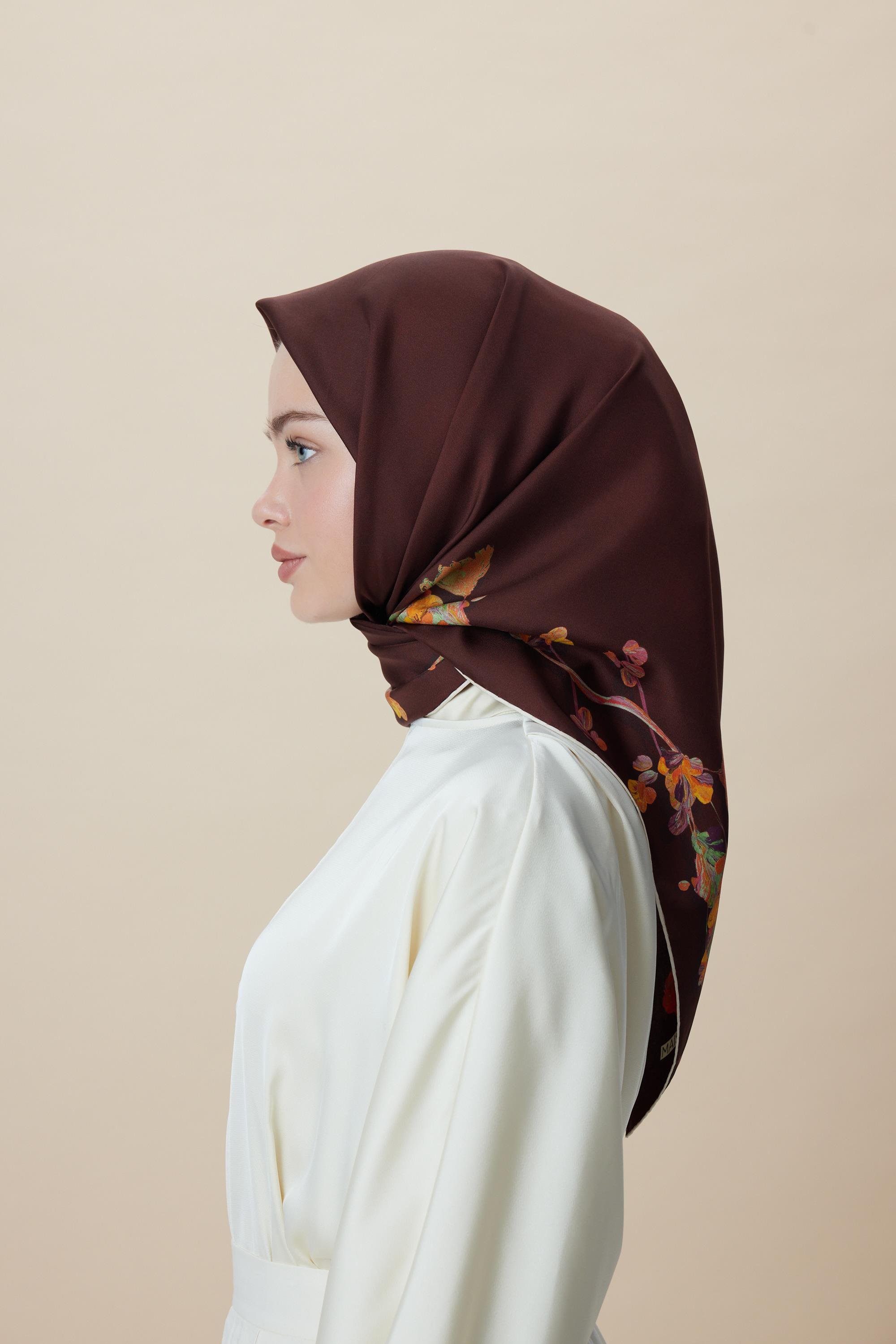 NEVA ÇİFT TARAFLI TİVİL İPEK EŞARP 90*90 CM - BORDO KAHVERENGİ