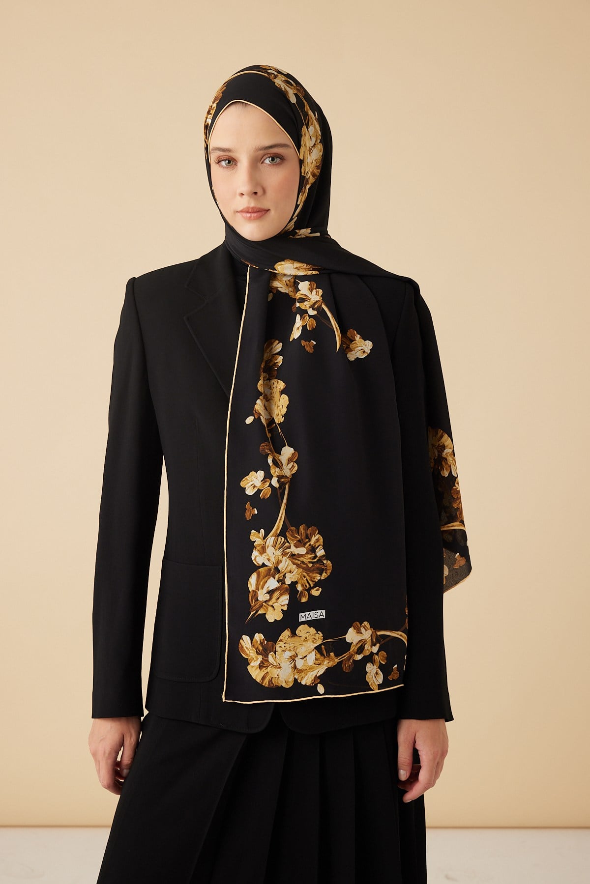NEVA KREP İPEK ŞAL 70*190 CM - GOLD SİYAH