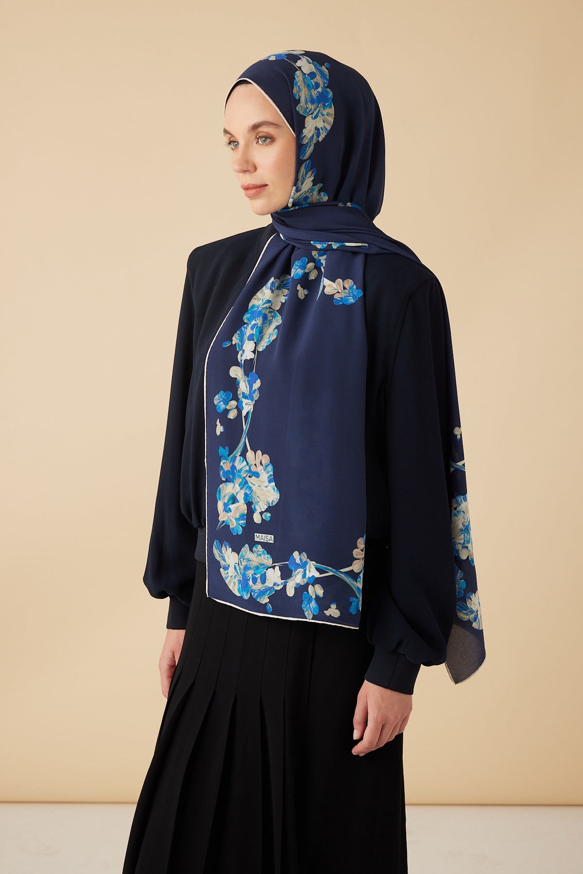NEVA KREP İPEK ŞAL 70*190 CM - LACİVERT