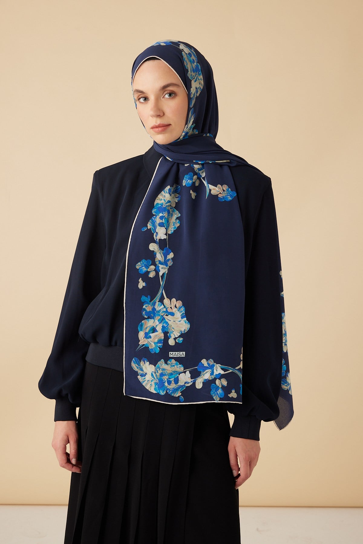 NEVA KREP İPEK ŞAL 70*190 CM - LACİVERT