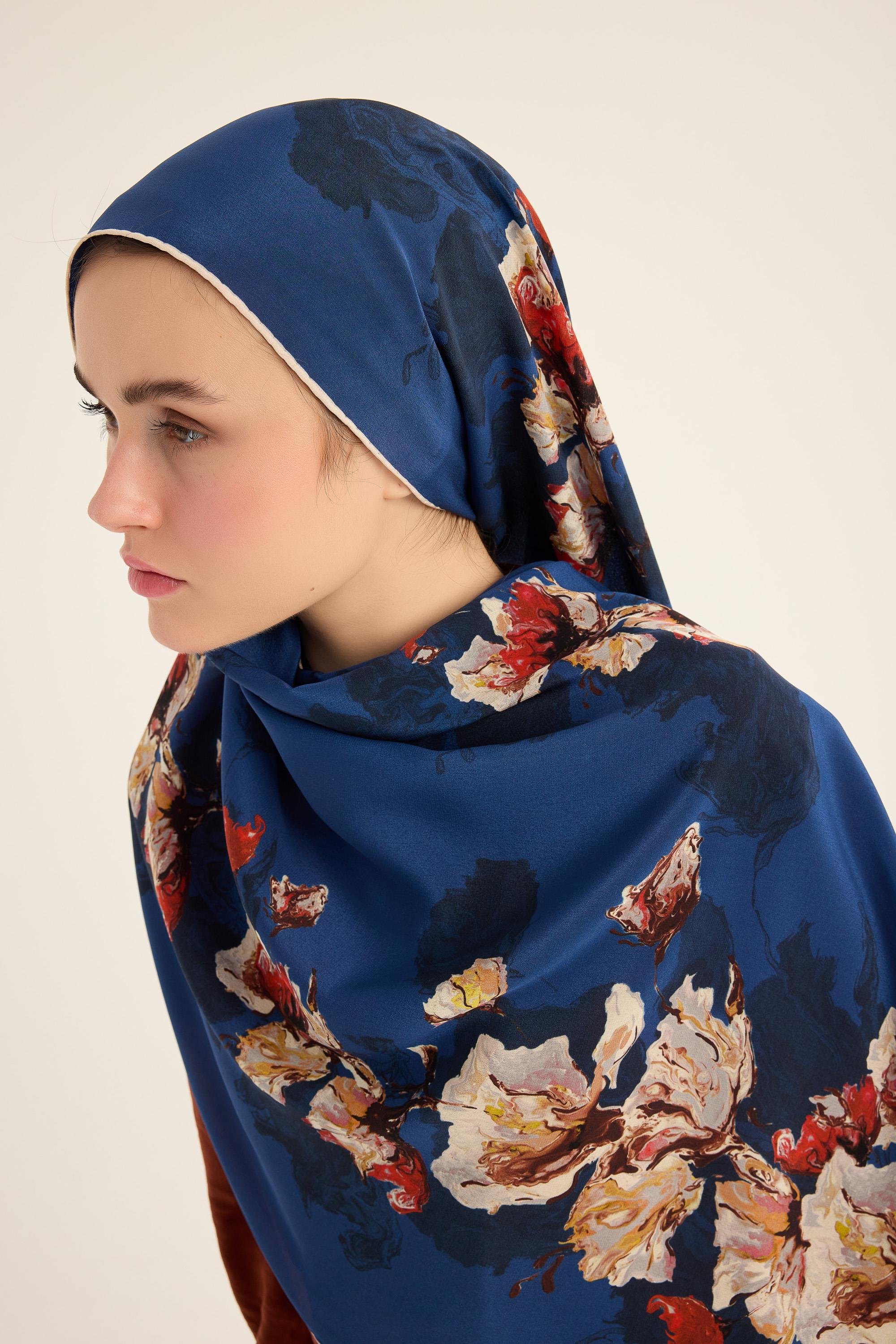 NEVBAHAR KREP İPEK ŞAL 70*190 CM - MAVİ