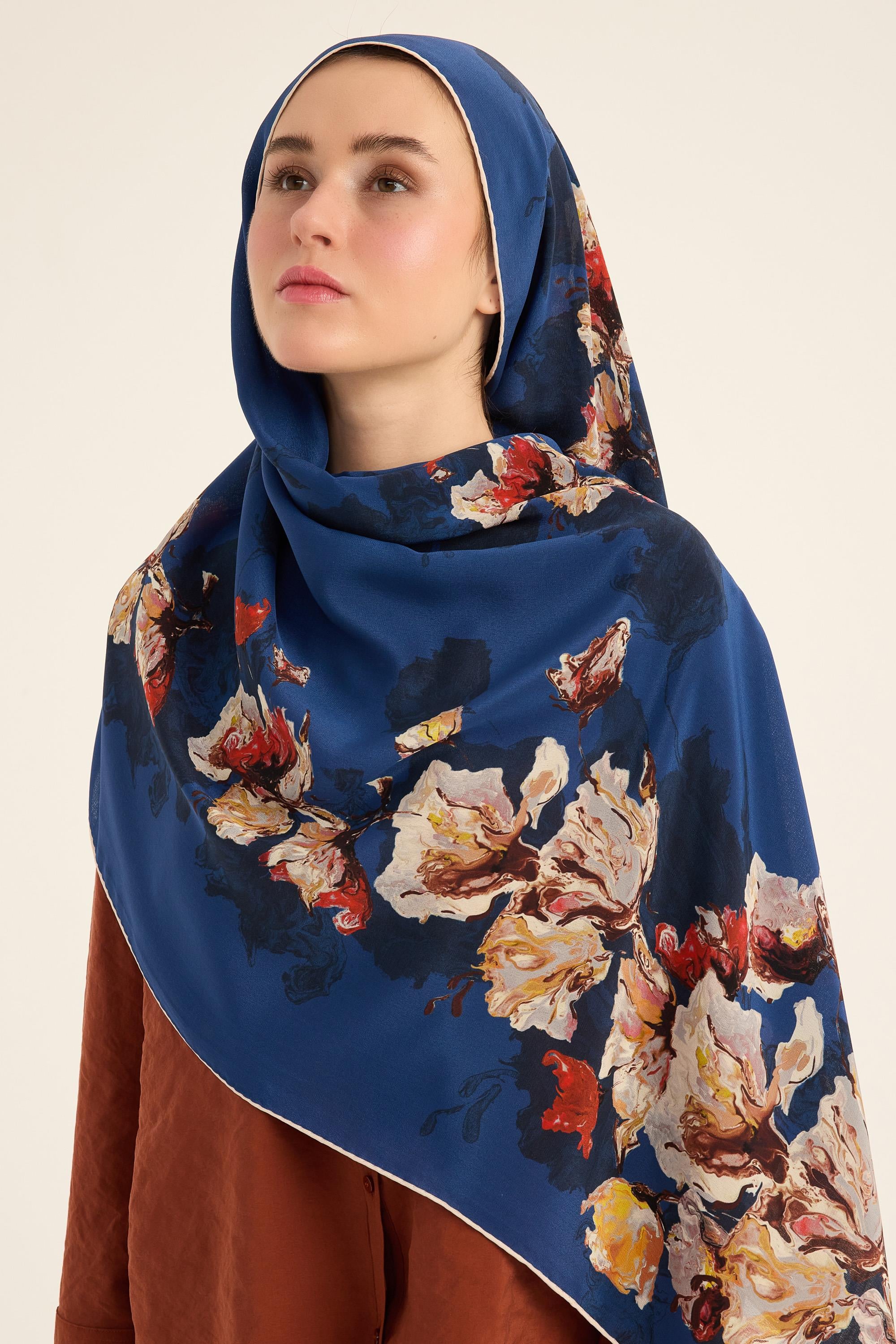 NEVBAHAR KREP İPEK ŞAL 70*190 CM - MAVİ