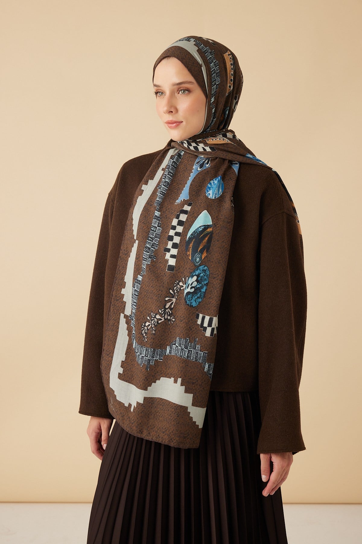 NÜVE YÜN MODAL ŞAL 70*200 CM - KAHVERENGİ