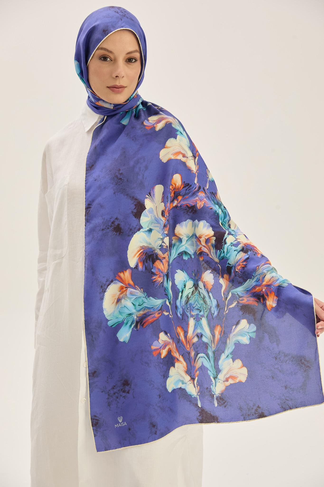 REYYA PAMUK İPEK ŞAL 70*190 CM - SAKS