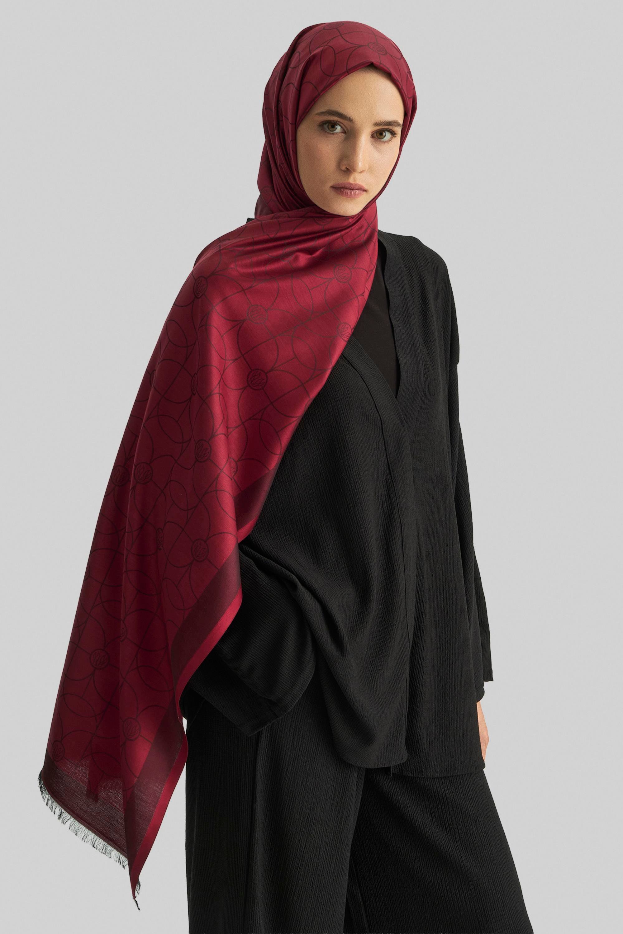 RİND%100 İPEK JAKARLI ŞAL-KIRMIZI
