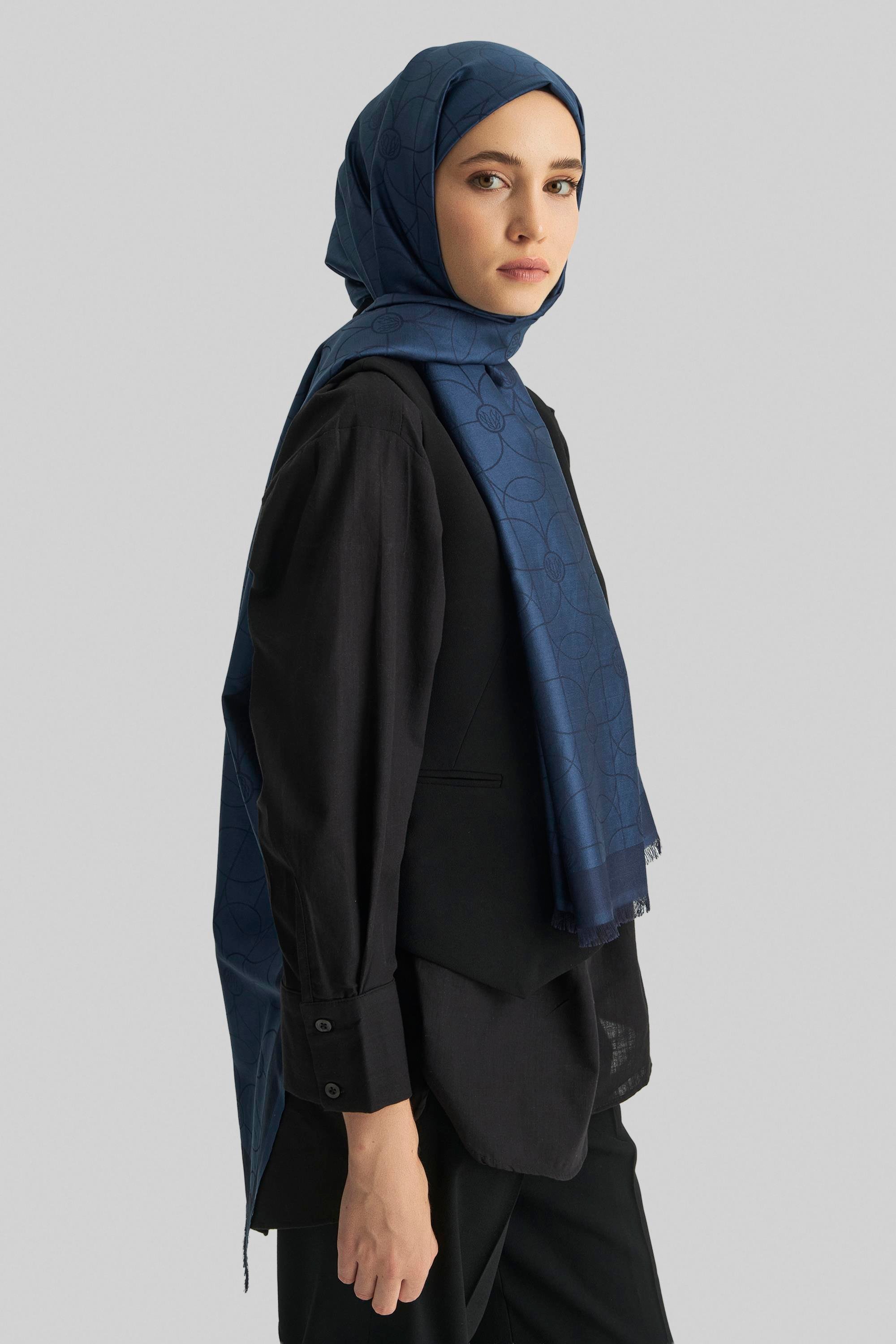 RİND%100 İPEK JAKARLI ŞAL-KOYU MAVİ