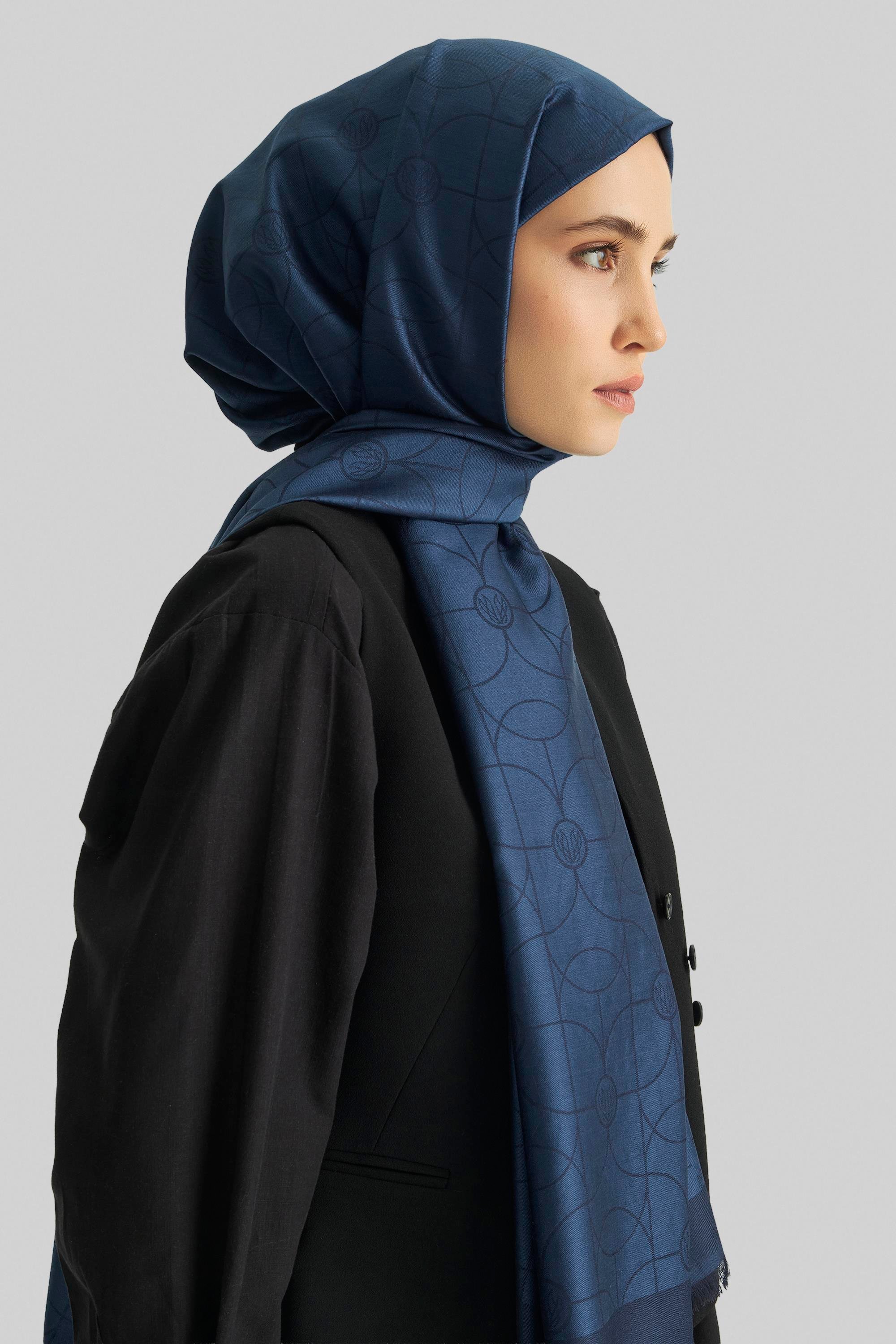 RİND%100 İPEK JAKARLI ŞAL-KOYU MAVİ