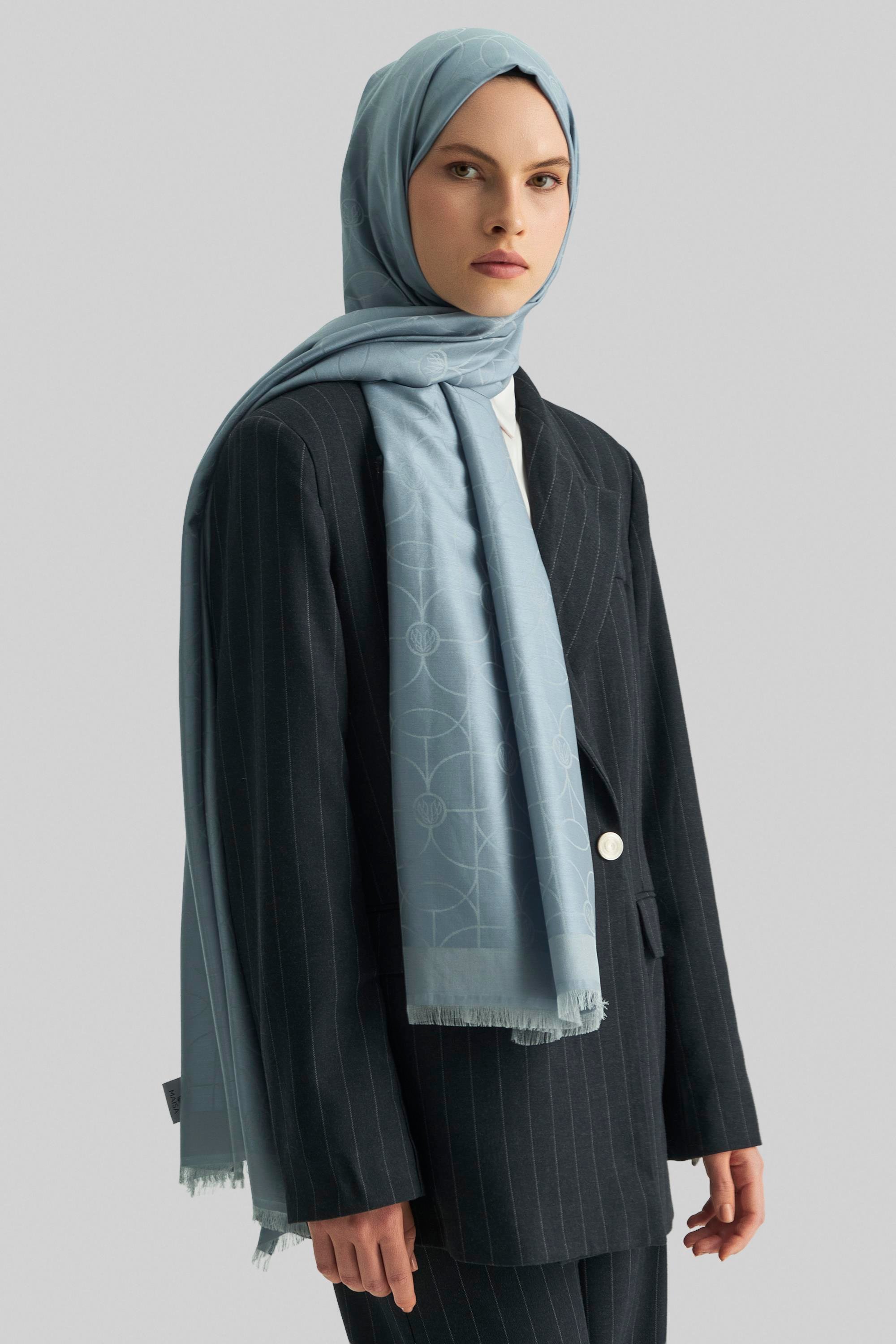 RİND%100 İPEK JAKARLI ŞAL-MAVİ