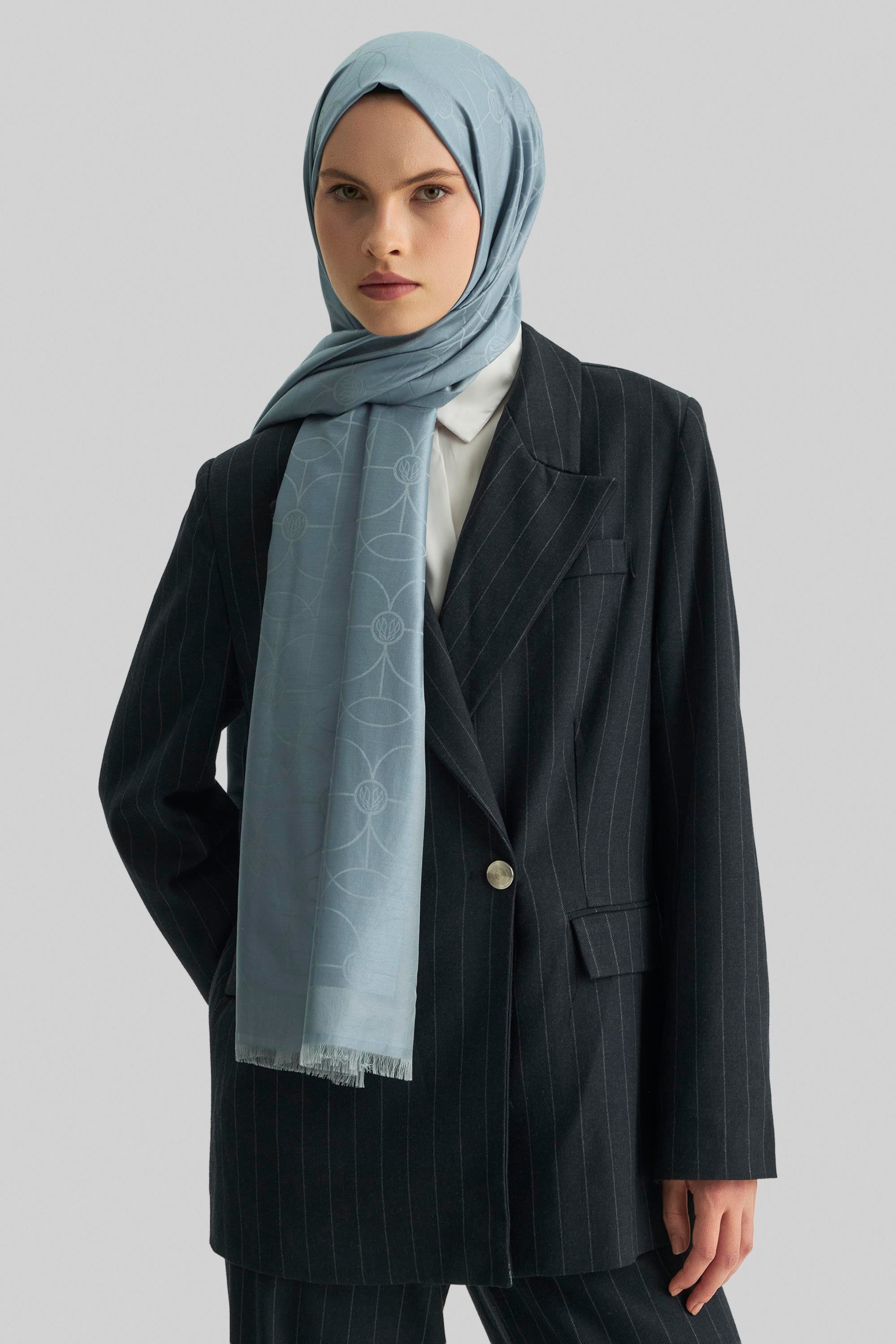 RİND%100 İPEK JAKARLI ŞAL-MAVİ