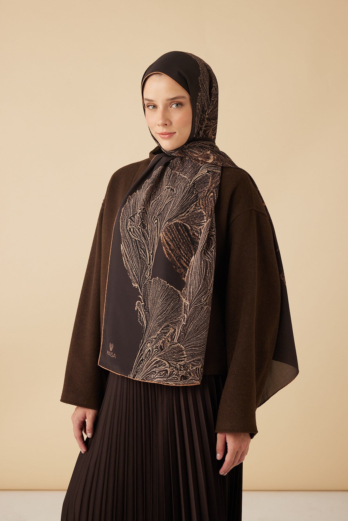 RUBA KREP İPEK ŞAL 70*190 CM - KAHVERENGİ