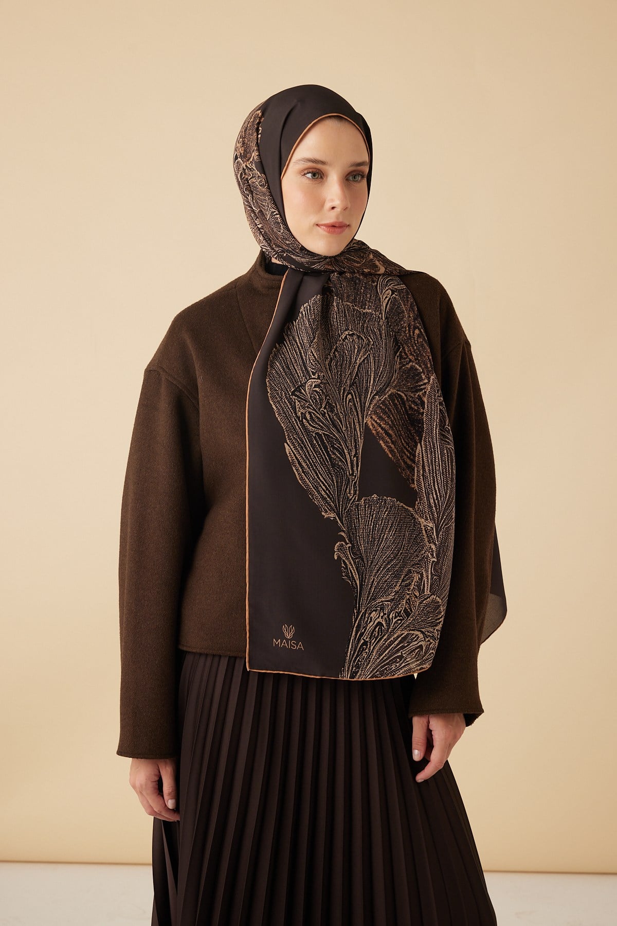 RUBA KREP İPEK ŞAL 70*190 CM - KAHVERENGİ