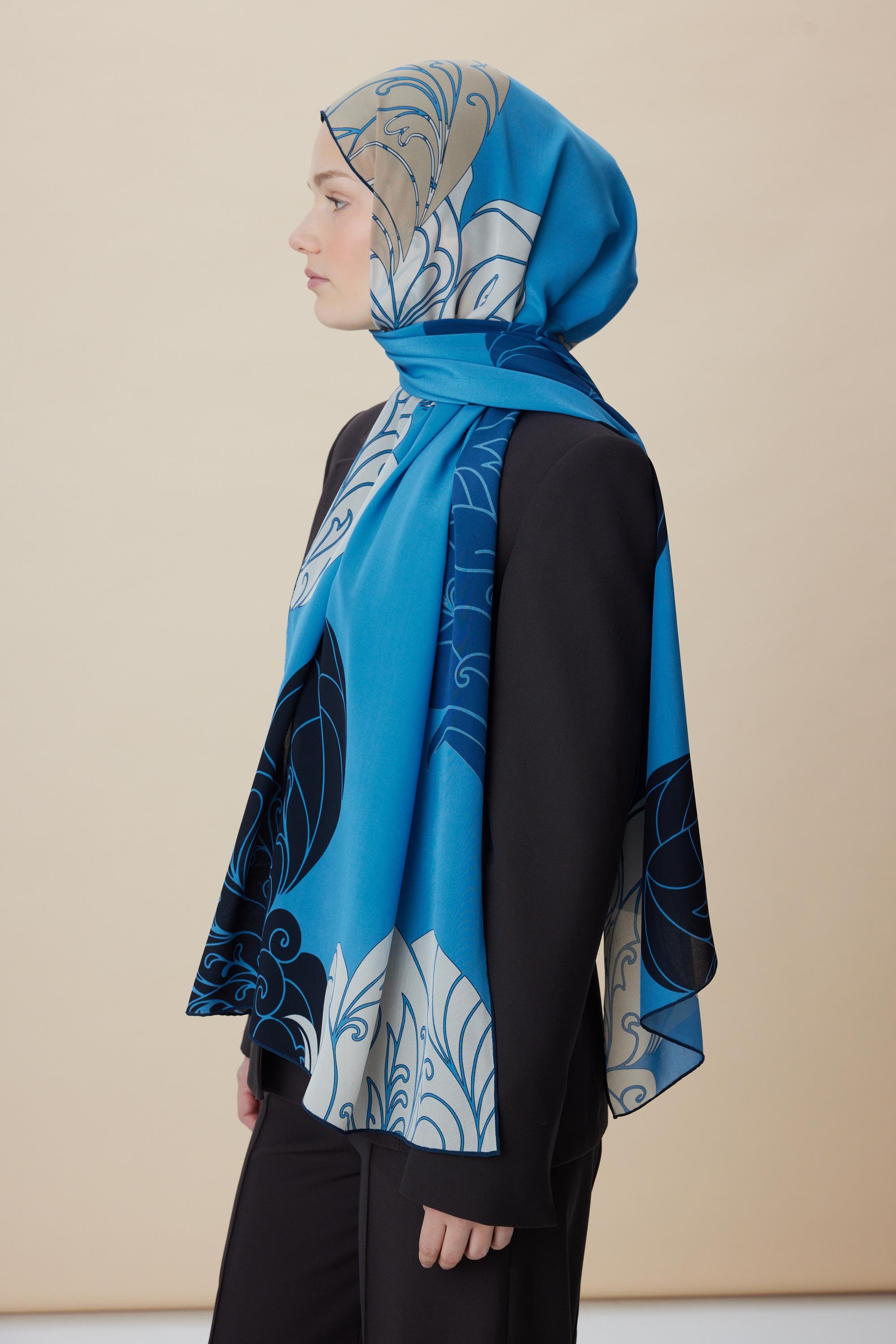 SAFİ KREP İPEK ŞAL 70*190 CM - MAVİ