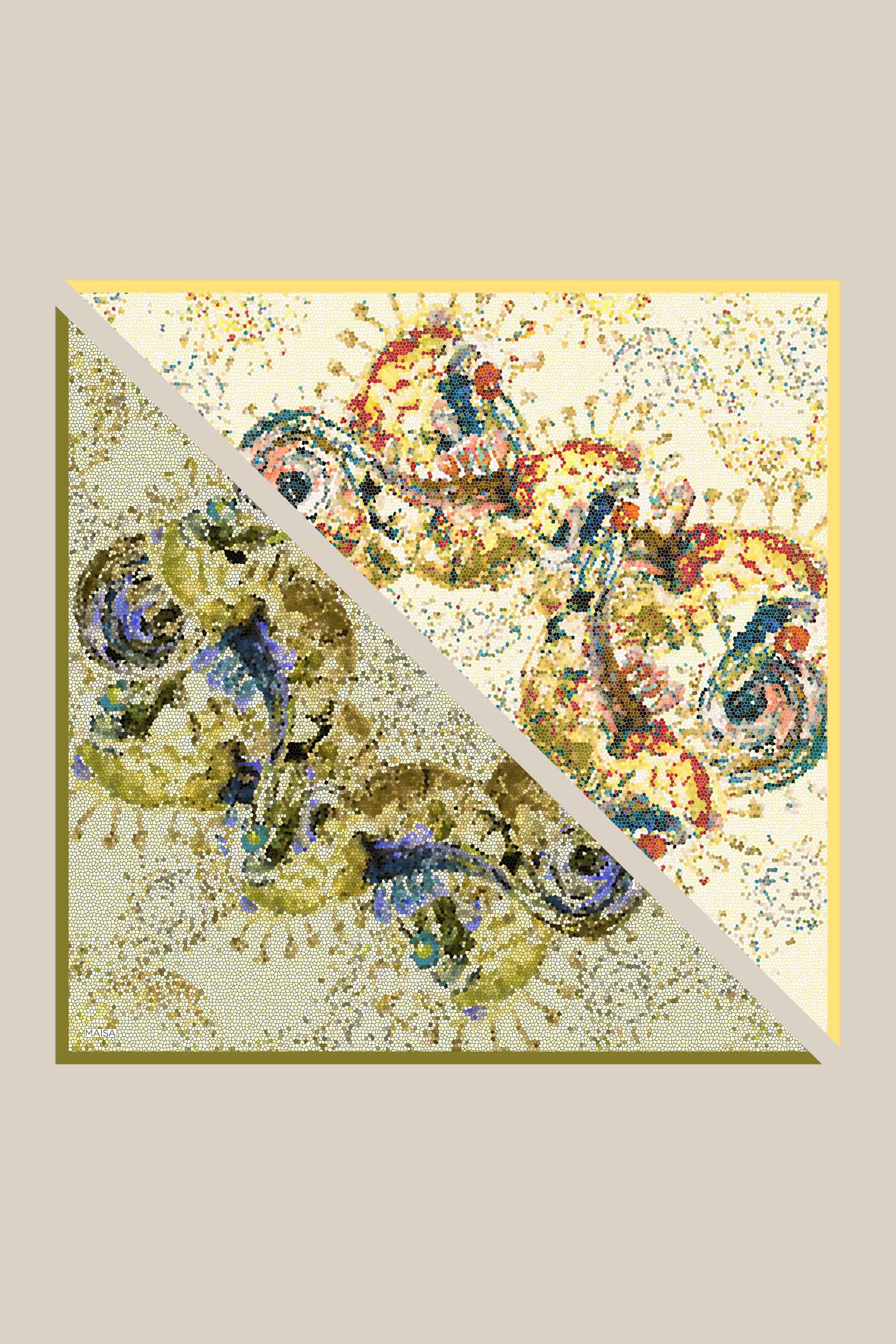 SU MASALI ÇİFT TARAFLI TİVİL İPEK EŞARP 90*90 CM - SARI