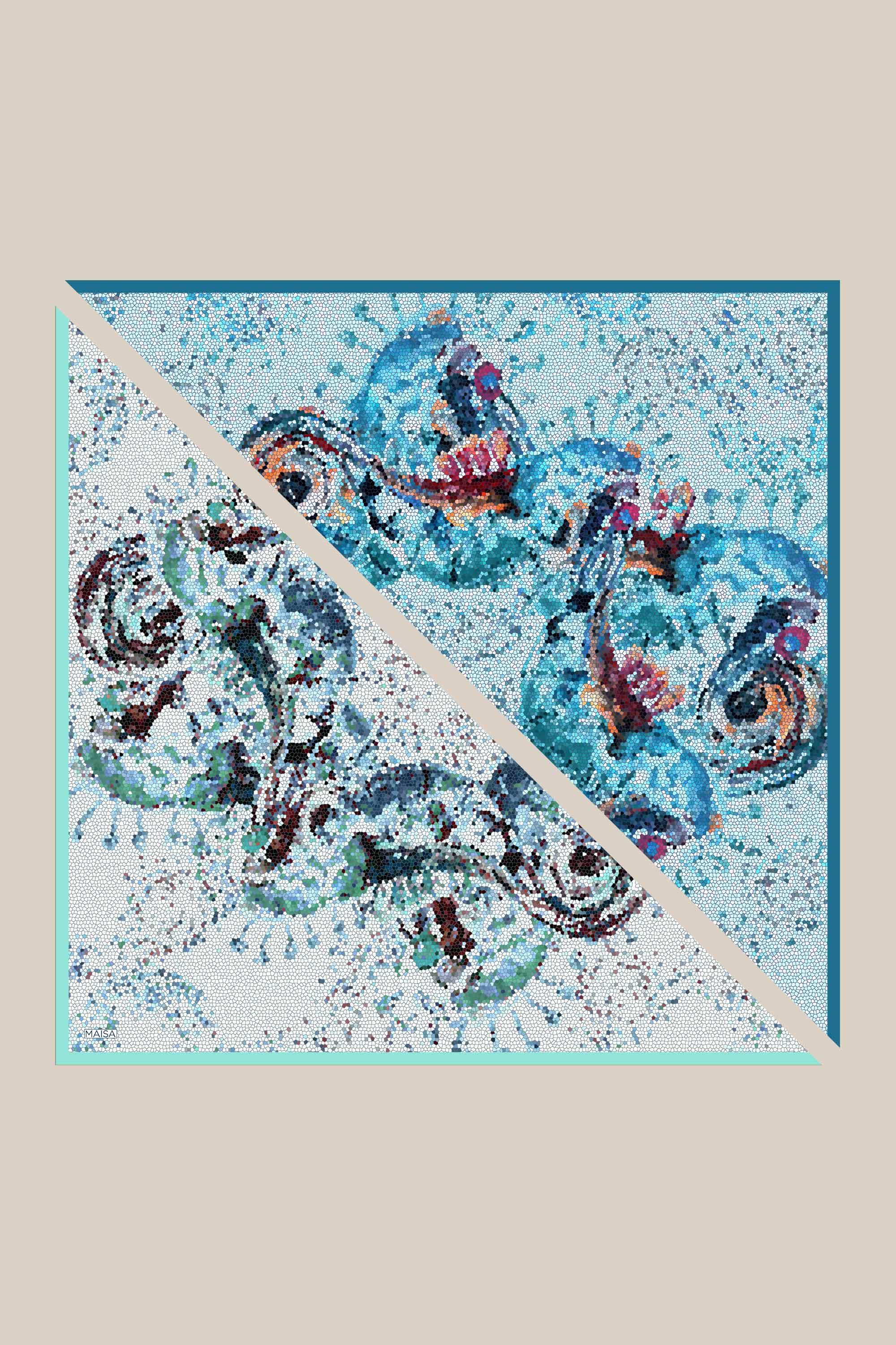 SU MASALI ÇİFT TARAFLI TİVİL İPEK EŞARP 90*90 CM - MAVİ