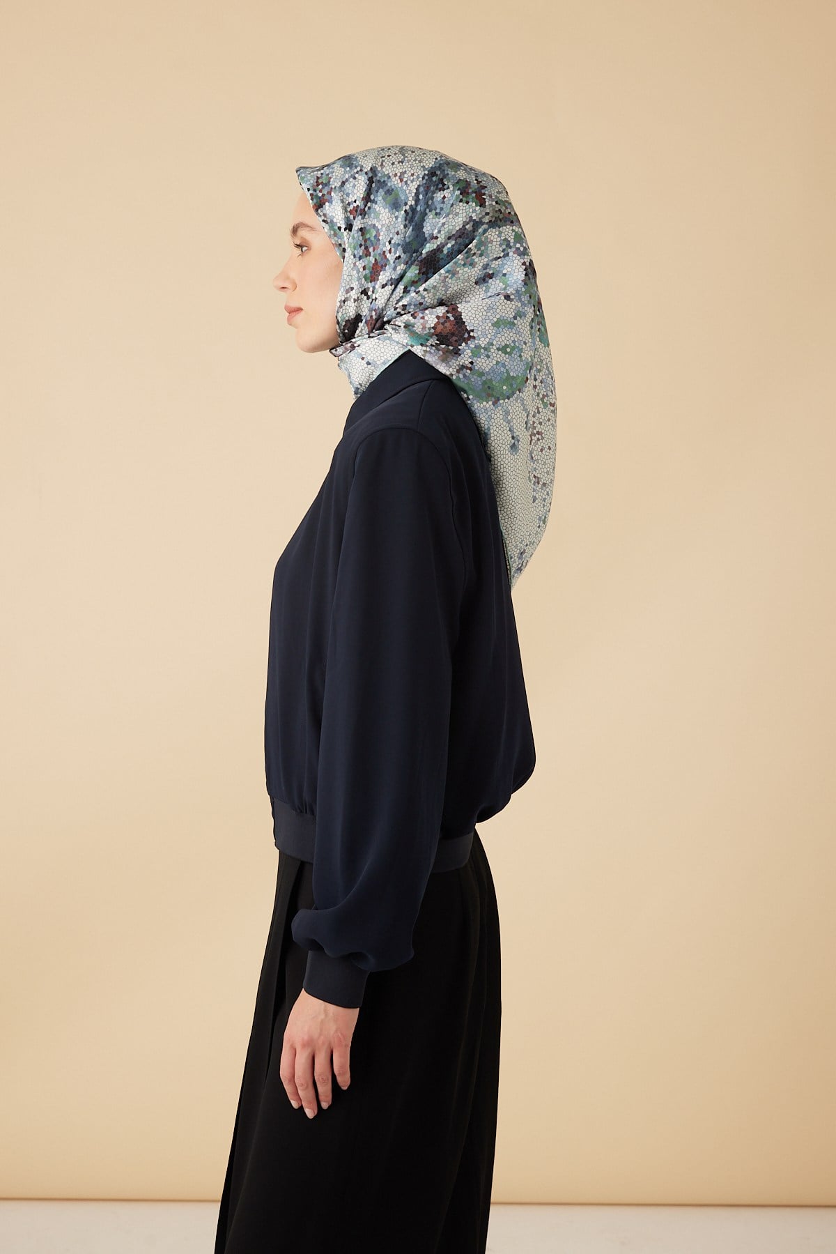 SU MASALI TİVİL İPEK EŞARP 90*90 CM - AÇIK MAVİ