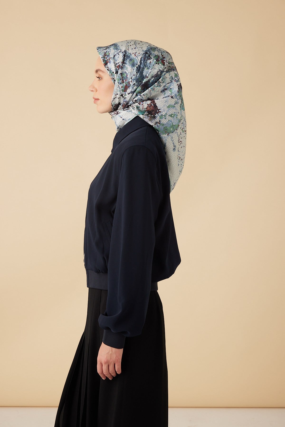 SU MASALI TİVİL İPEK EŞARP 90*90 CM - AÇIK MAVİ