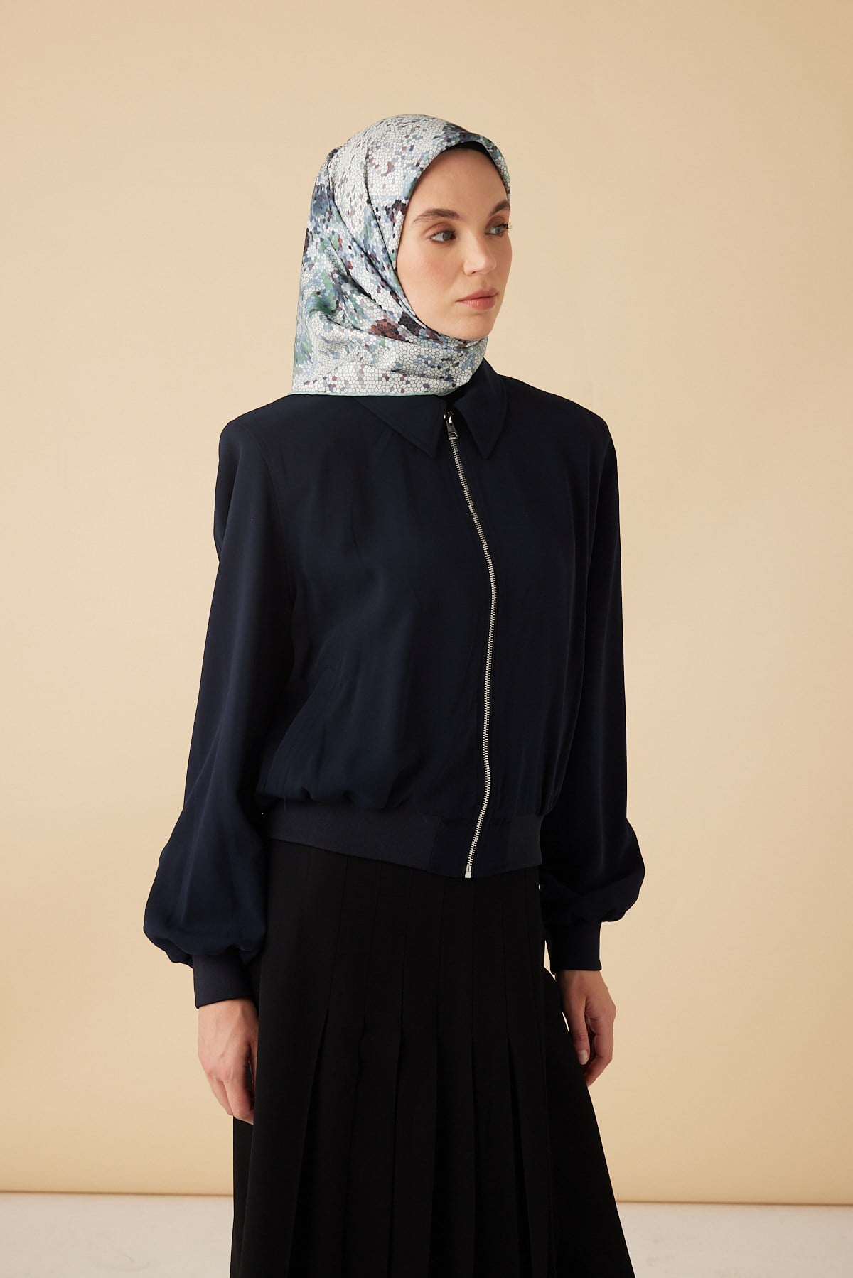 SU MASALI TİVİL İPEK EŞARP 90*90 CM - AÇIK MAVİ