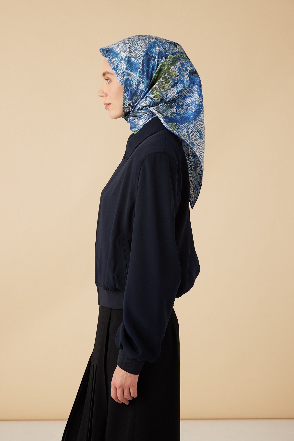 SU MASALI TİVİL İPEK EŞARP 90*90 CM - MAVİ