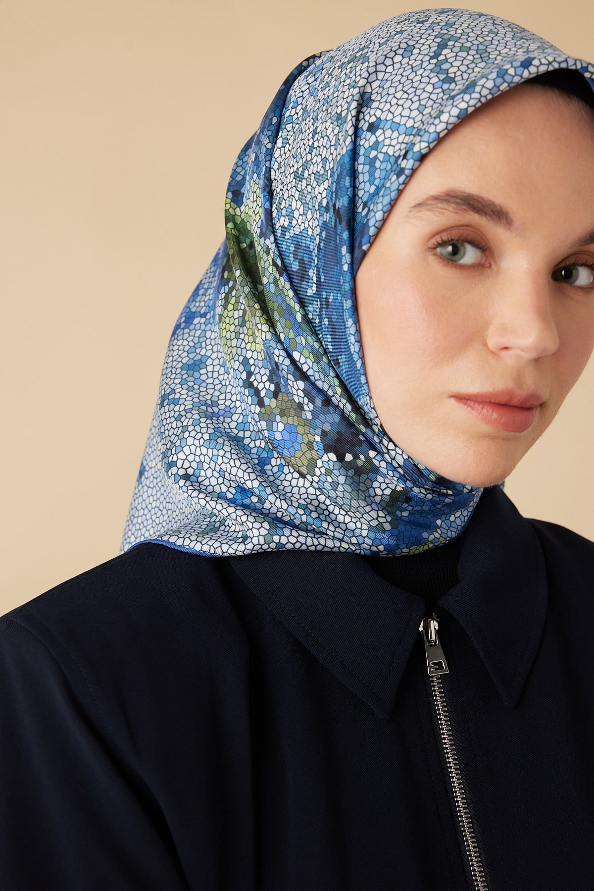 SU MASALI TİVİL İPEK EŞARP 90*90 CM - MAVİ