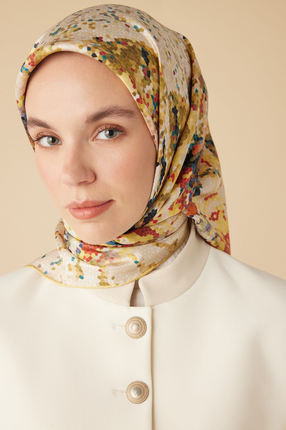 SU MASALI TİVİL İPEK EŞARP 90*90 CM - SARI